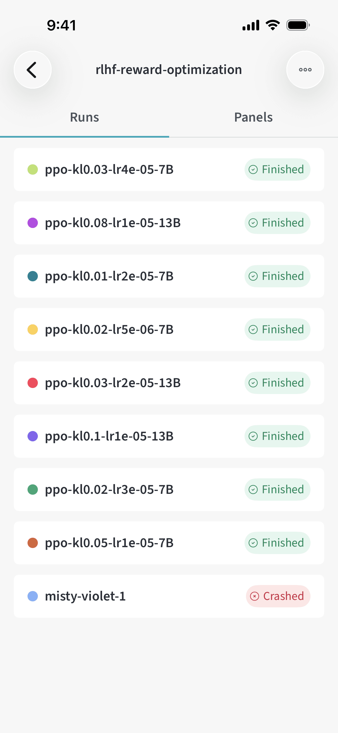 W&B mobile app runs list for a project