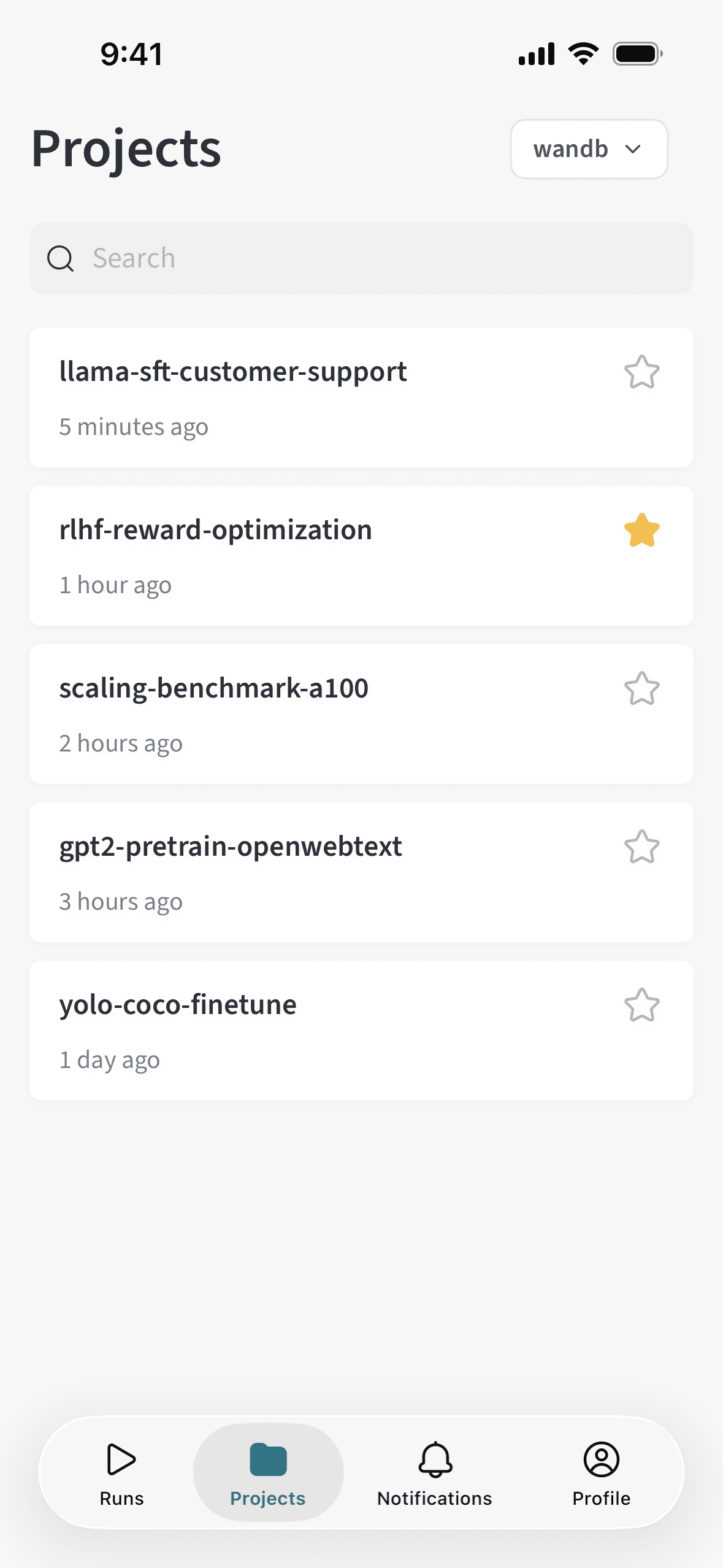 W&B mobile app Projects list and team picker