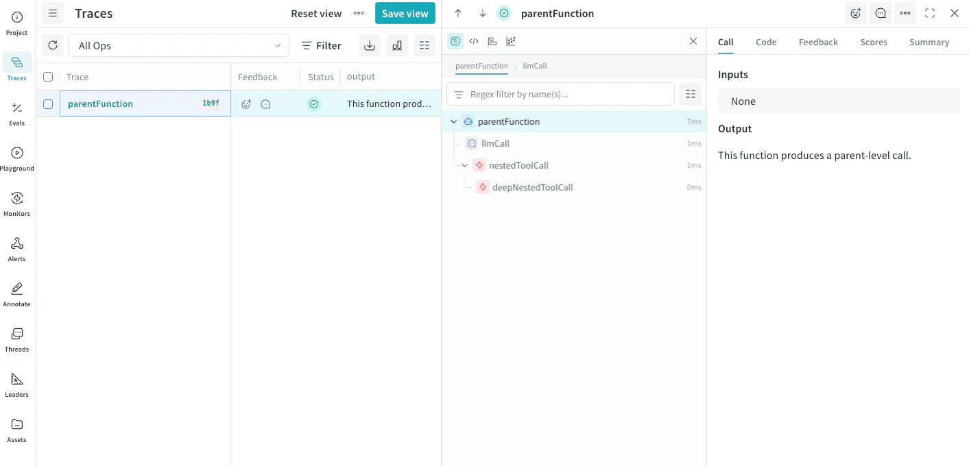 The Weave UI with Trace tree panel opened and the resulting Calls visible.