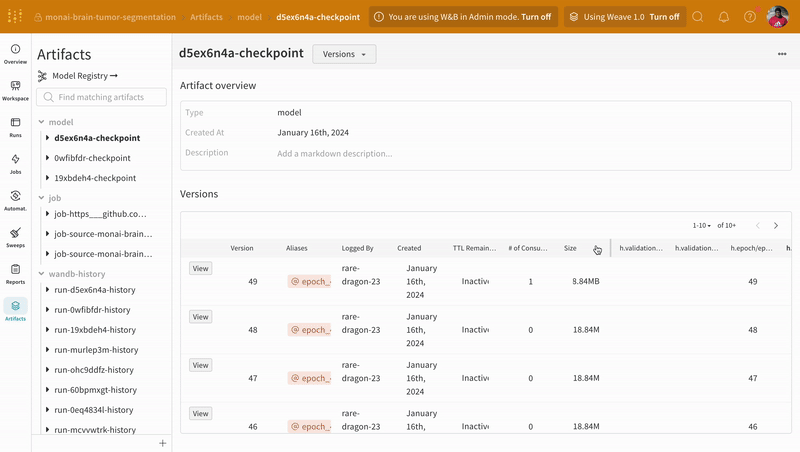 Model artifact tracking