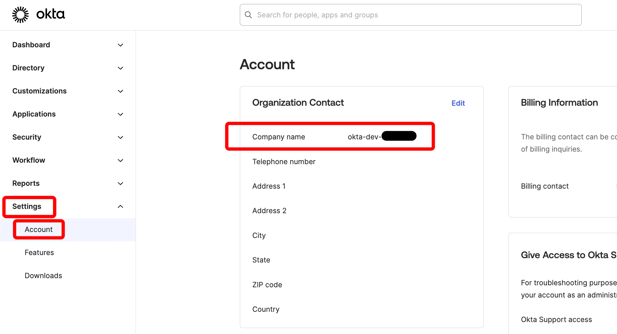Okta organization settings