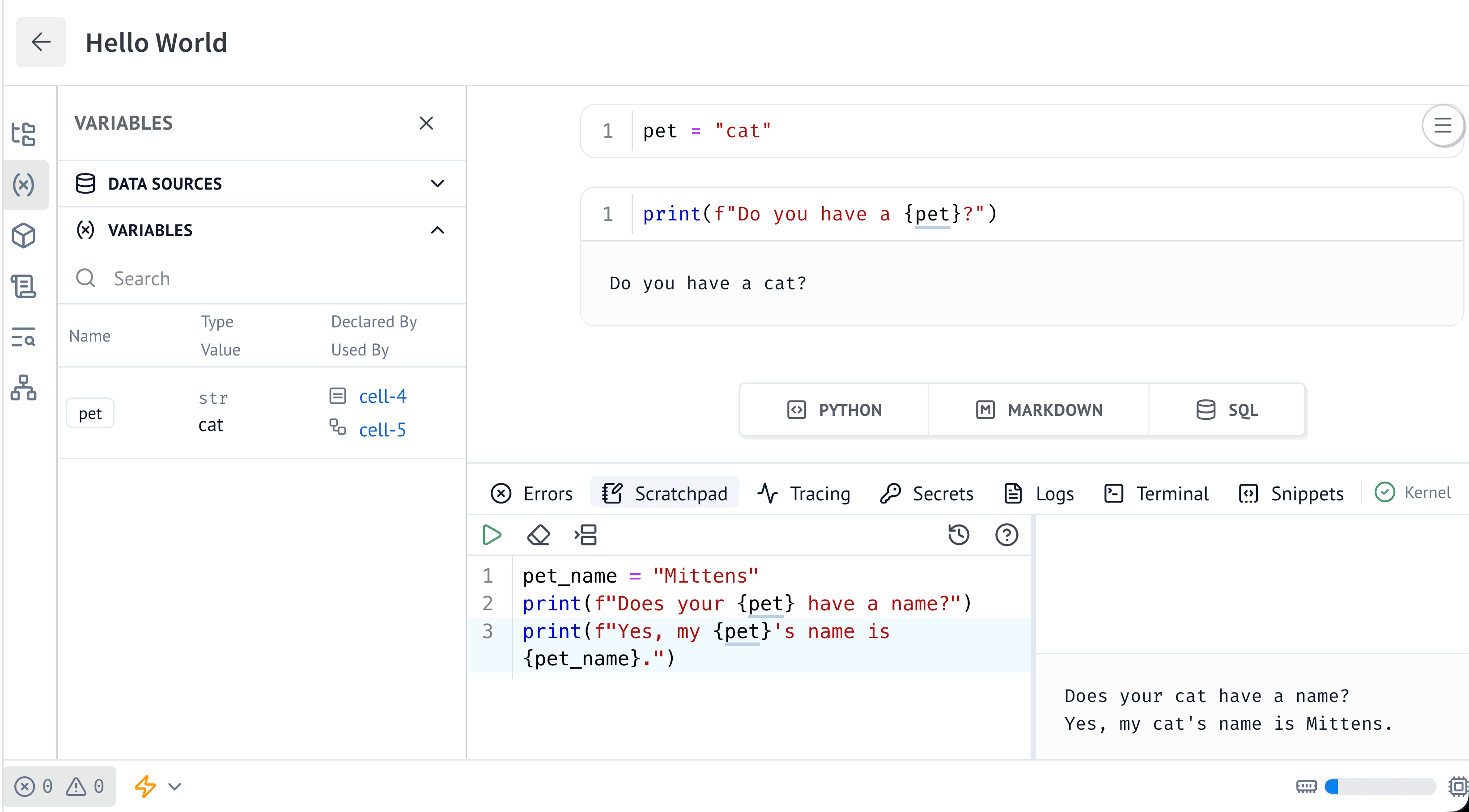 Code and output displayed in the Scratchpad tab