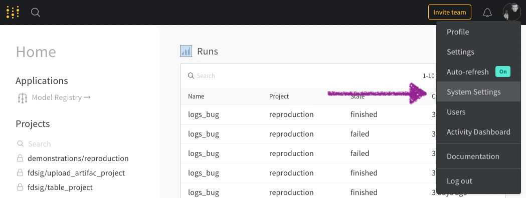 Liste déroulante System Settings