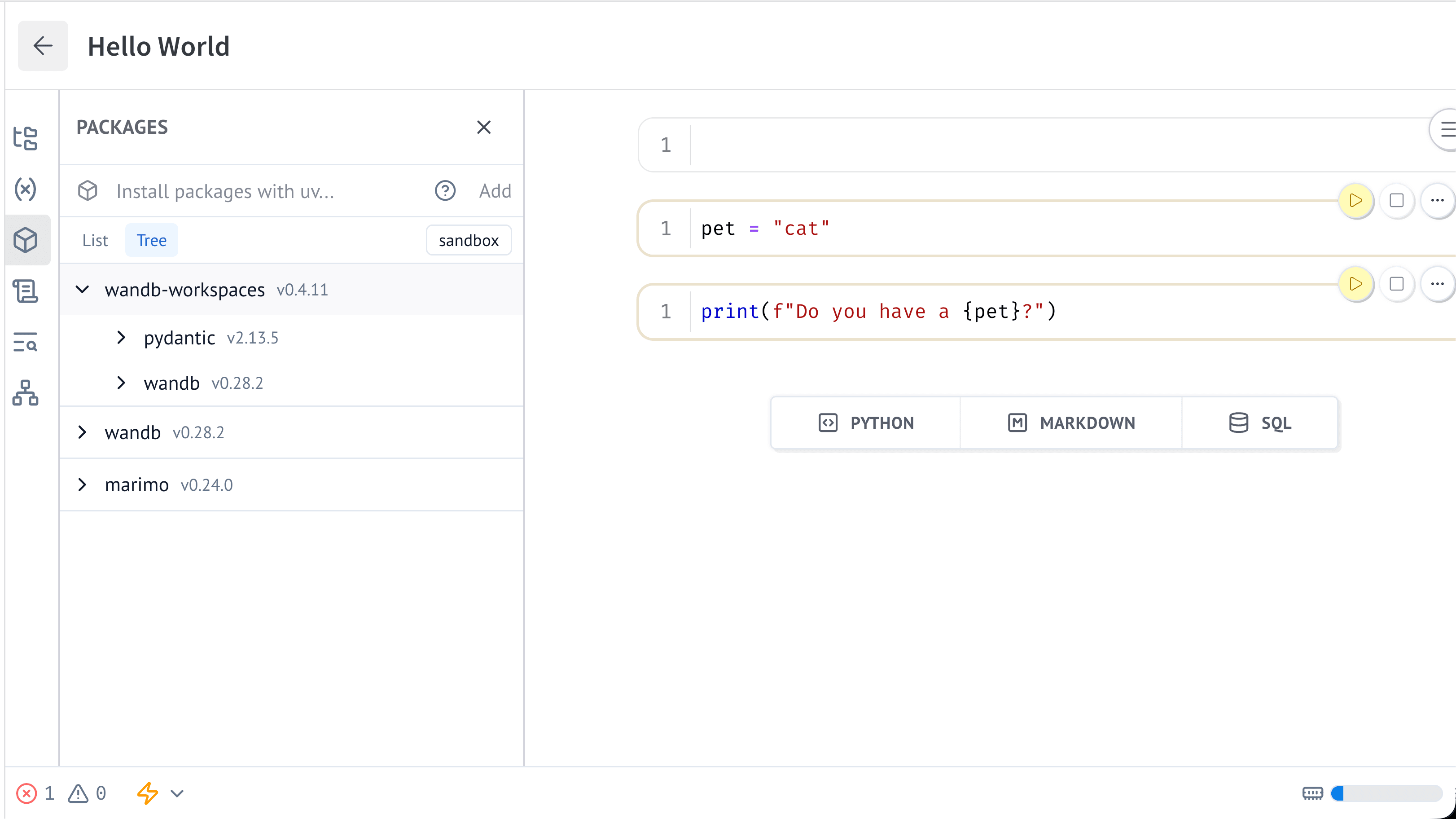 Manage packages sidebar in the notebook