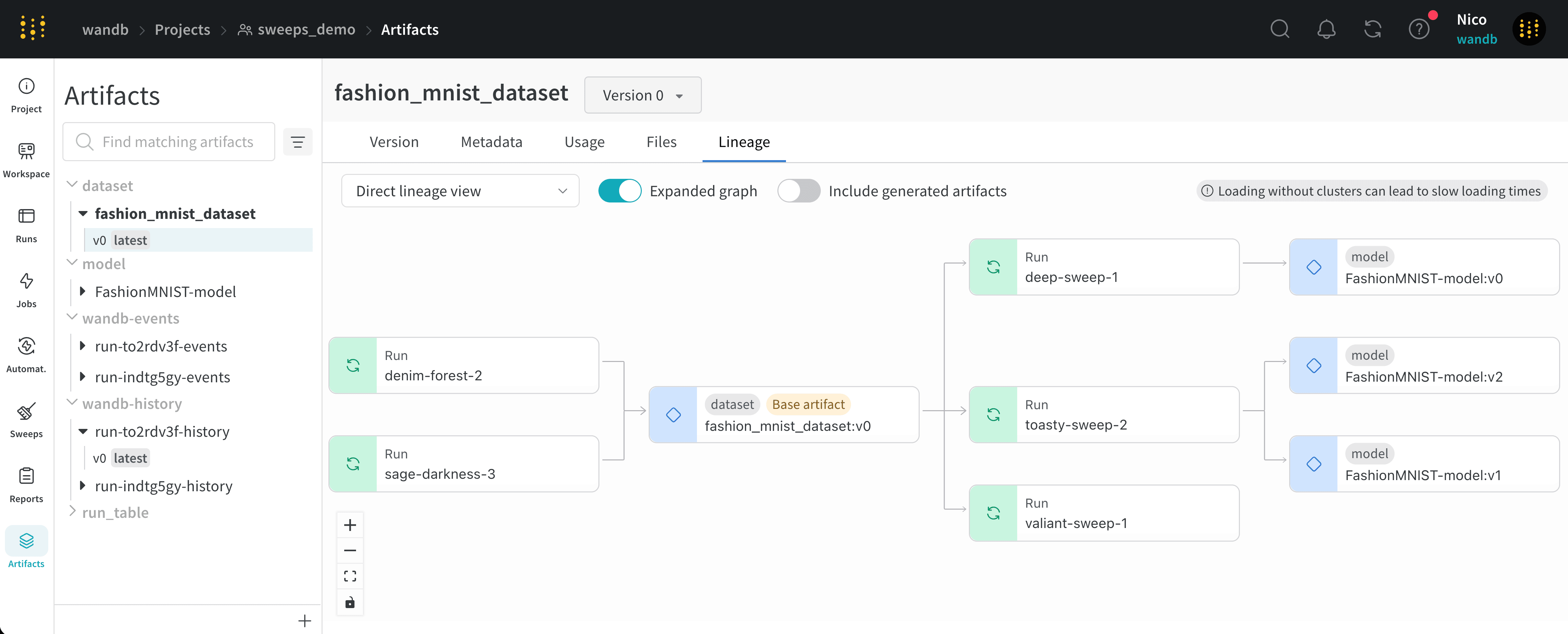 Run and artifact nodes
