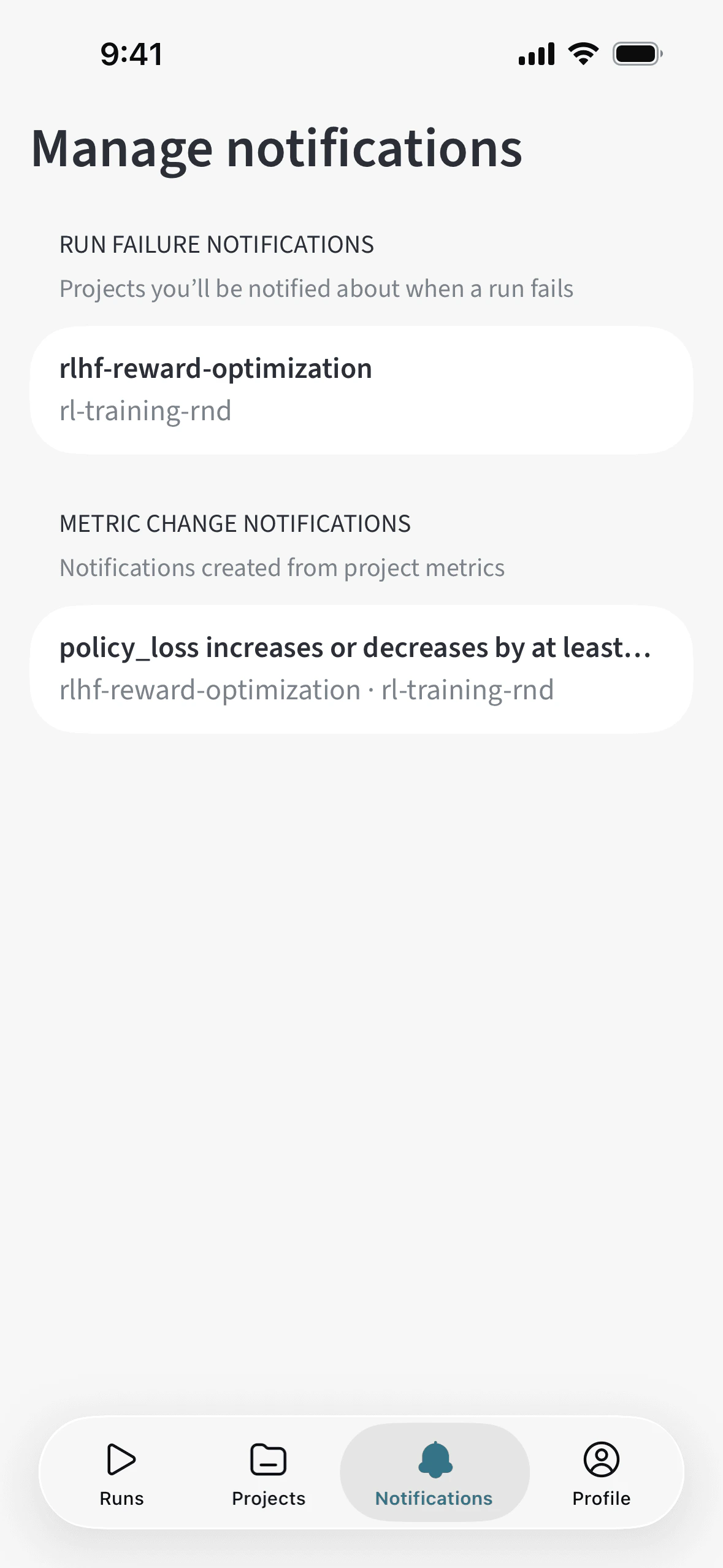 W&B mobile app Manage notifications screen