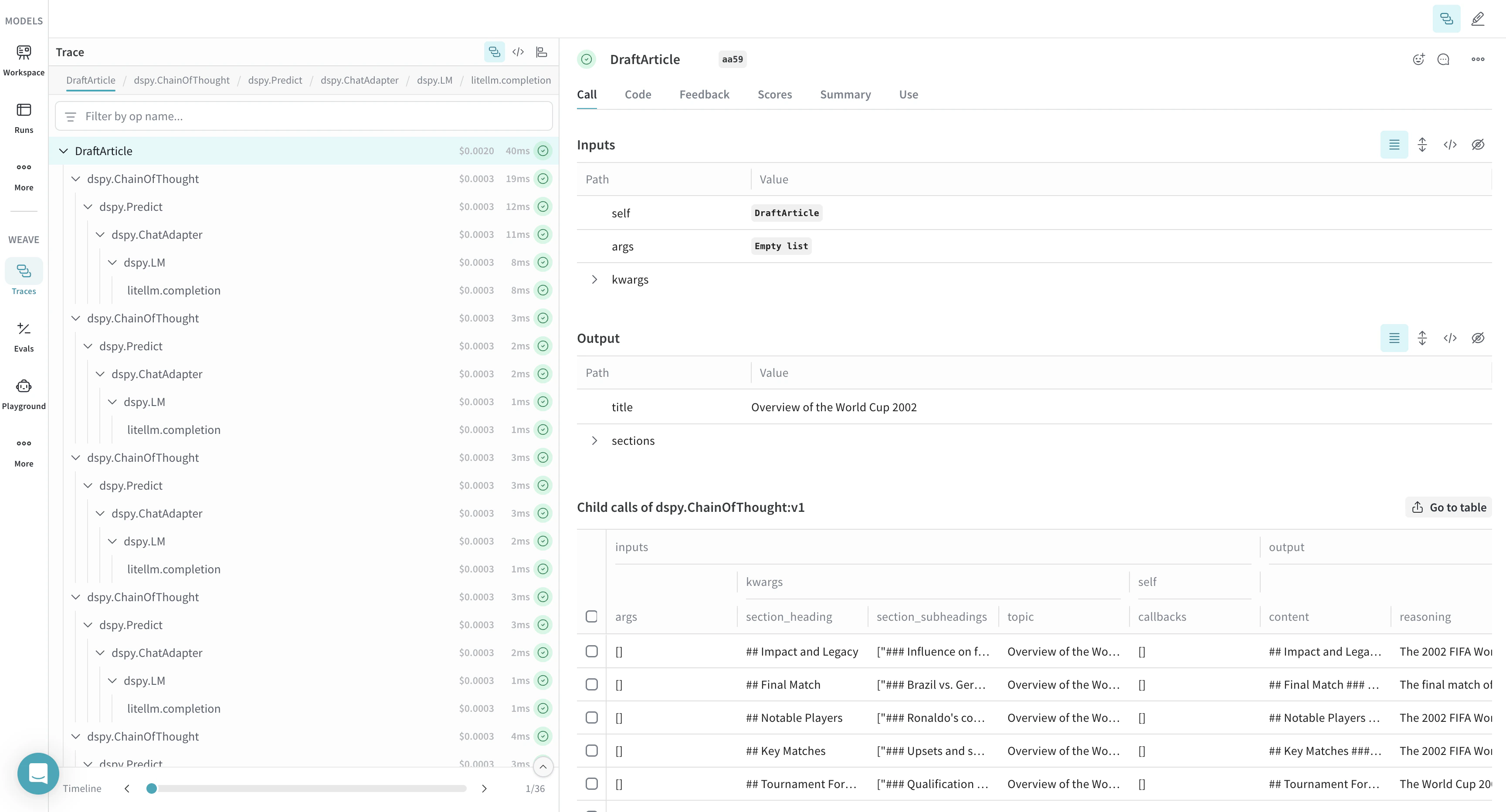 DSPy custom module trace in Weave with module execution flow and trace details