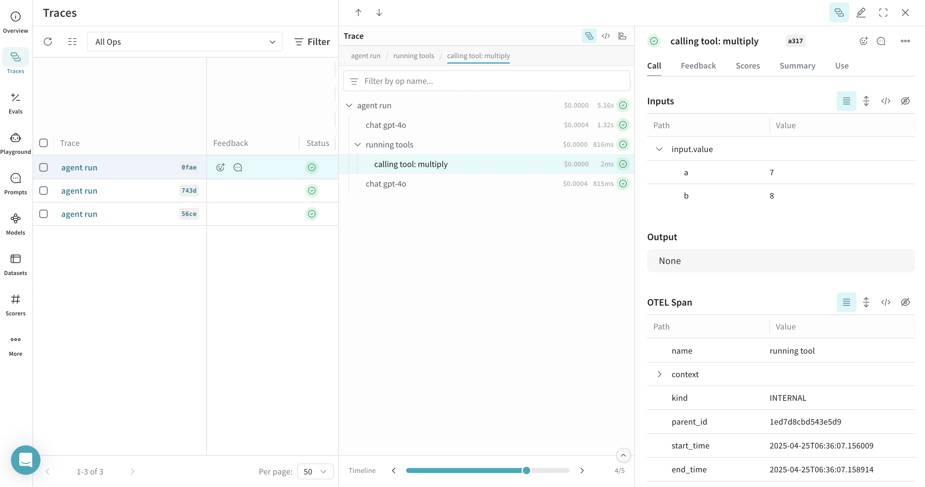 A trace visualization of a tool call