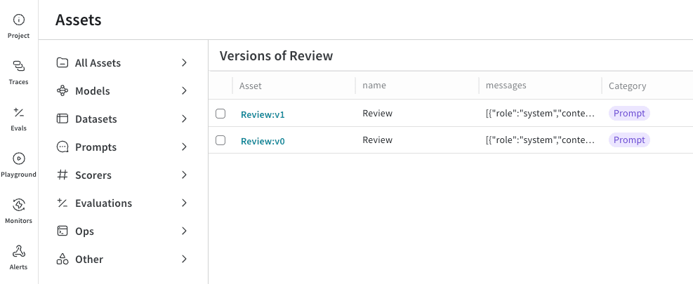 UI of Prompt Assets, showing the versions of the selected prompt.