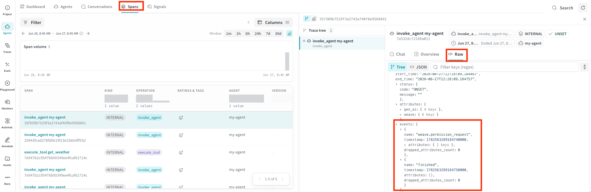 The Spans tab with a span selected that has events. The detail panel on the right shows the Raw data tab with the events array expanded, listing the events recorded on the span.