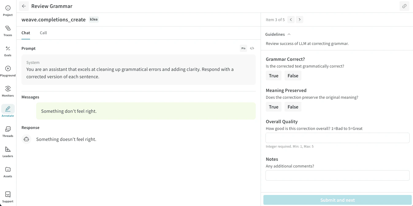 Annotation queue review interface for a single trace item, showing a trace information pane alongside an annotation form pane where reviewers submit structured feedback and move through the queue.