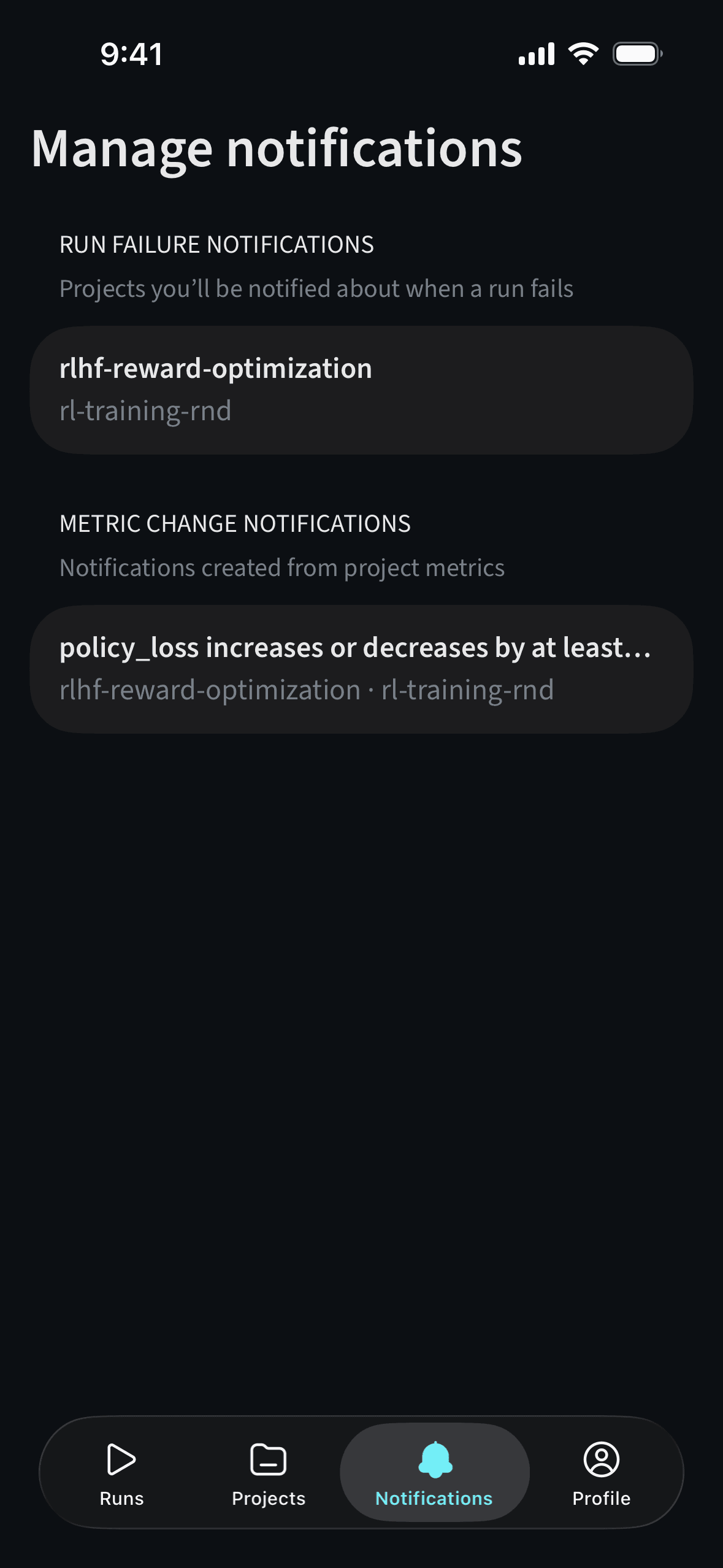 W&B mobile app Manage notifications screen