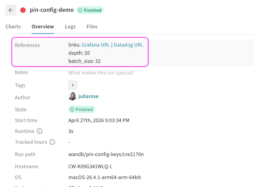 Clés de configuration épinglées dans la section References