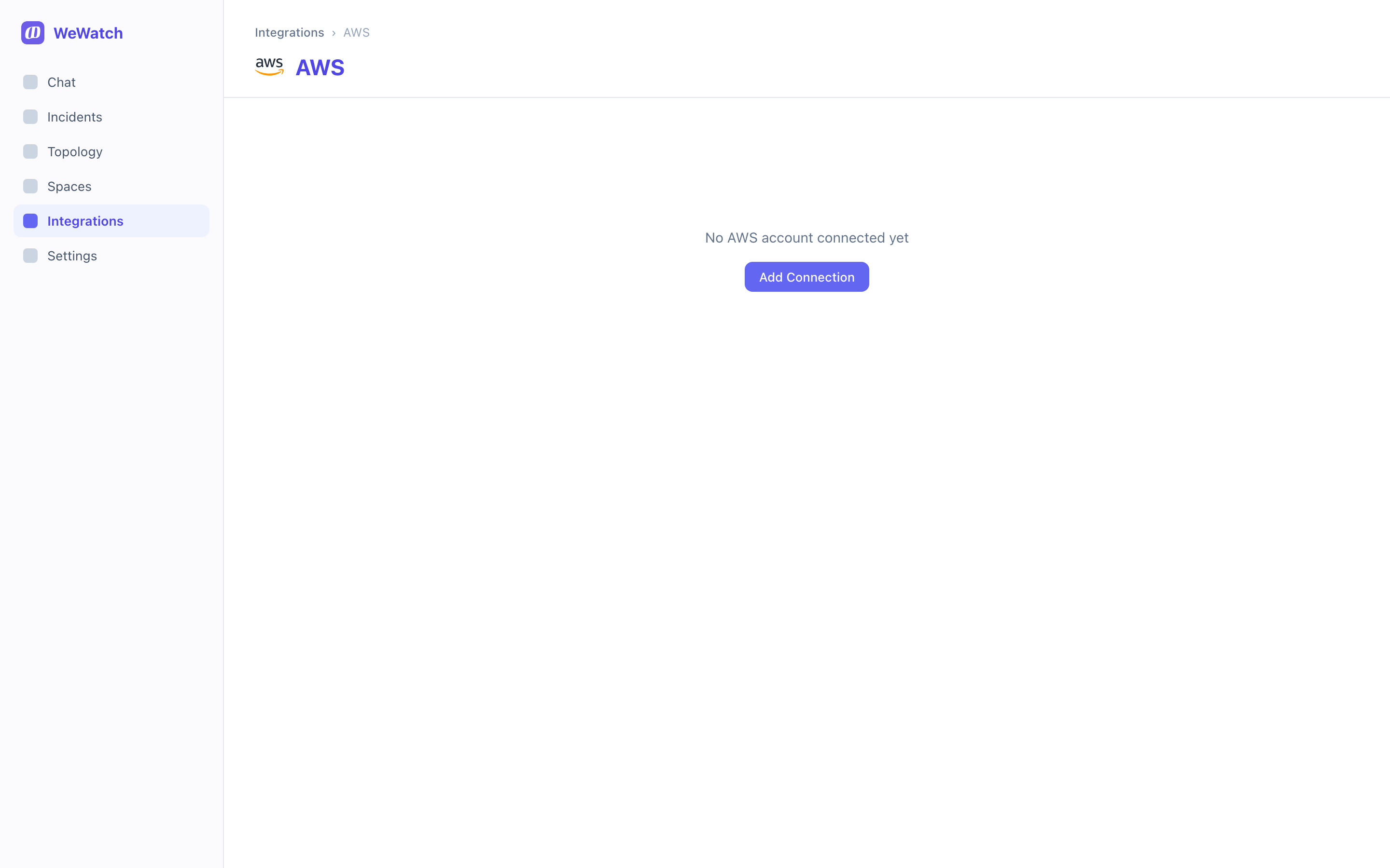 The AWS integration page with no account connected, showing an Add Connection button