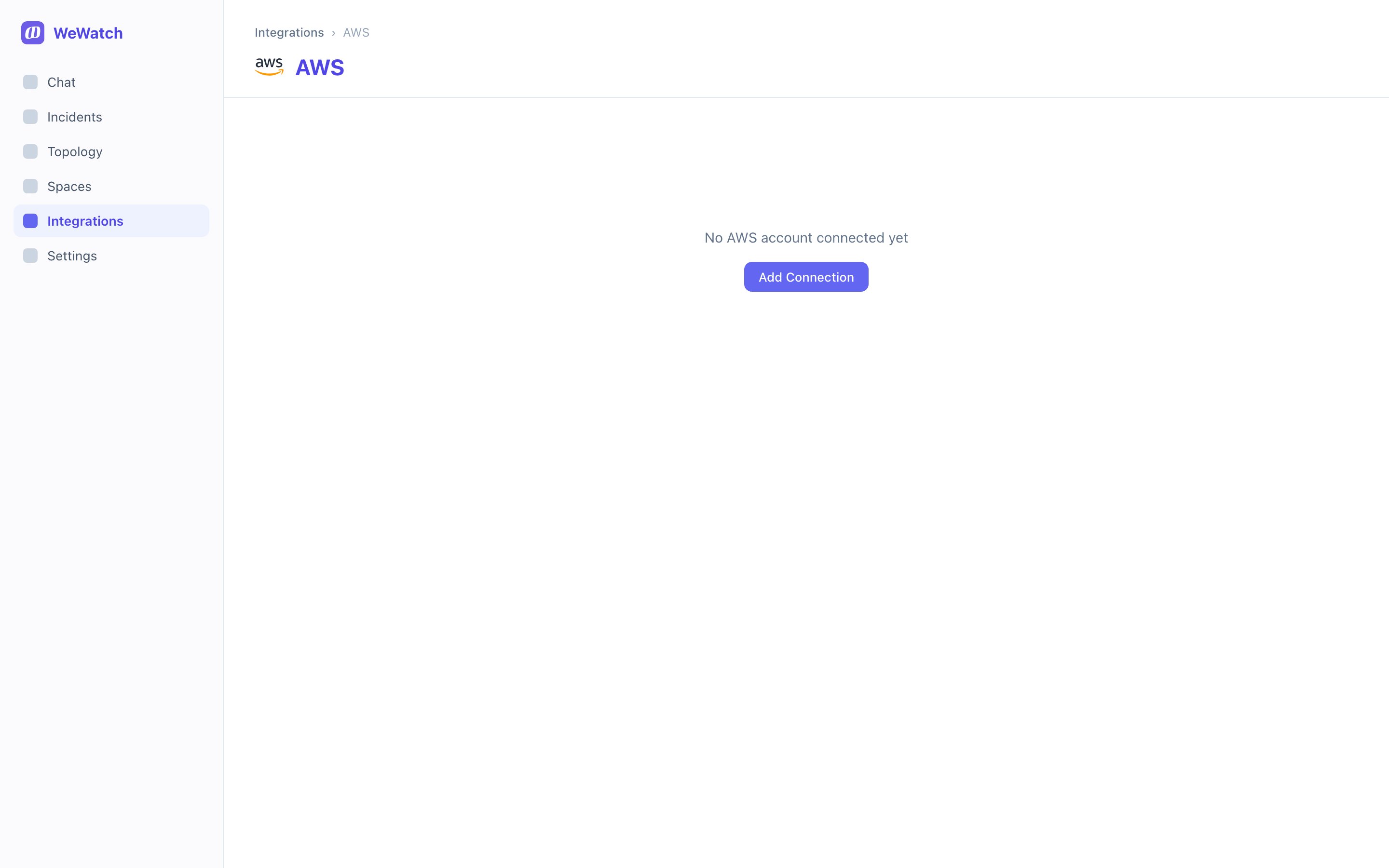 The AWS integration page with no account connected, showing an Add Connection button
