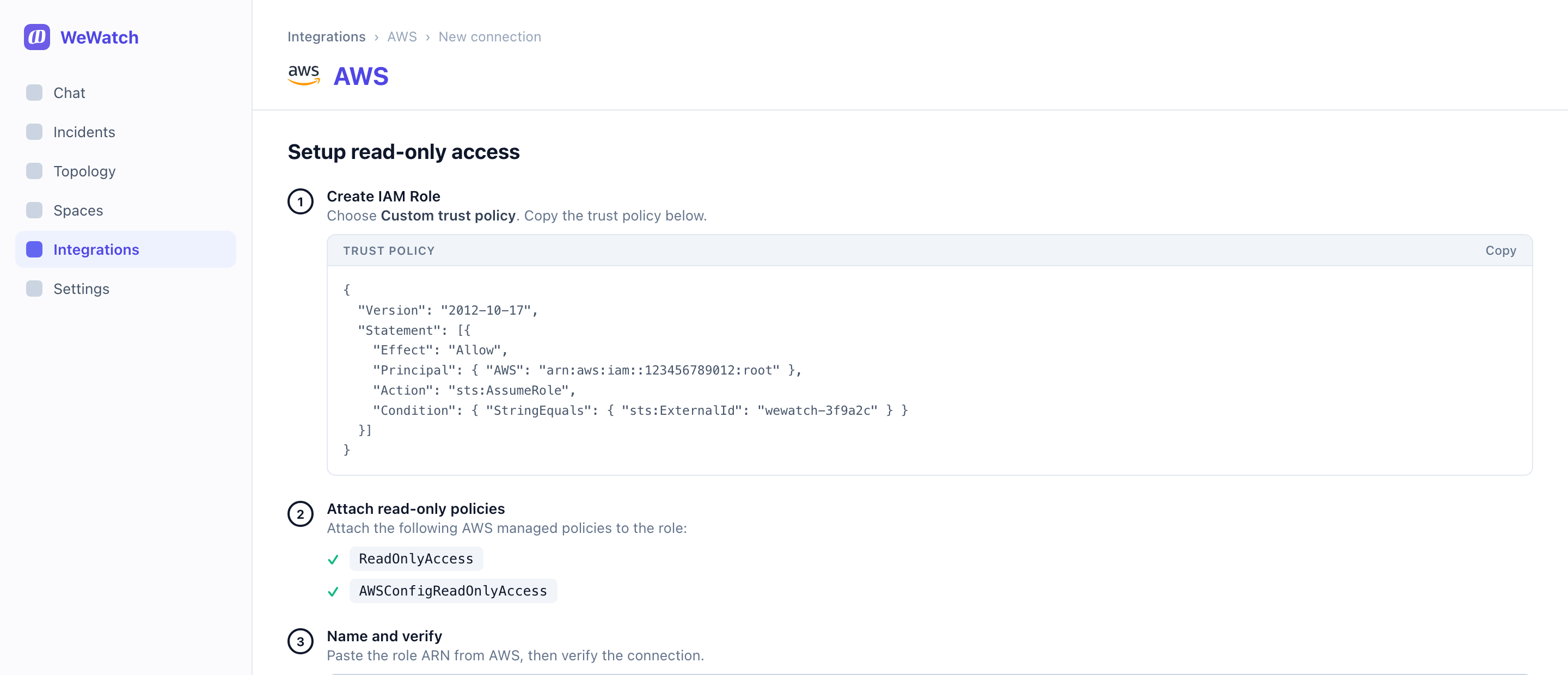 The read-only access setup panel showing the trust policy to copy, the managed policies to attach, and the role ARN field