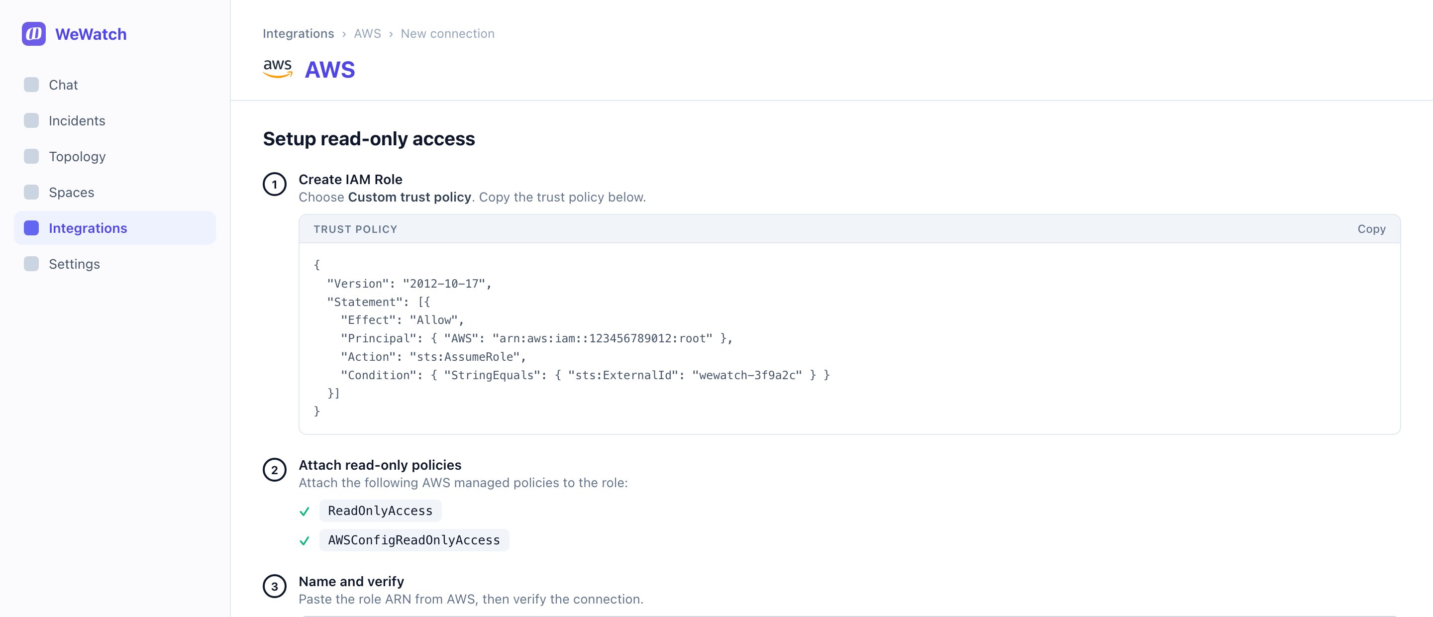The read-only access setup panel showing the trust policy to copy, the managed policies to attach, and the role ARN field