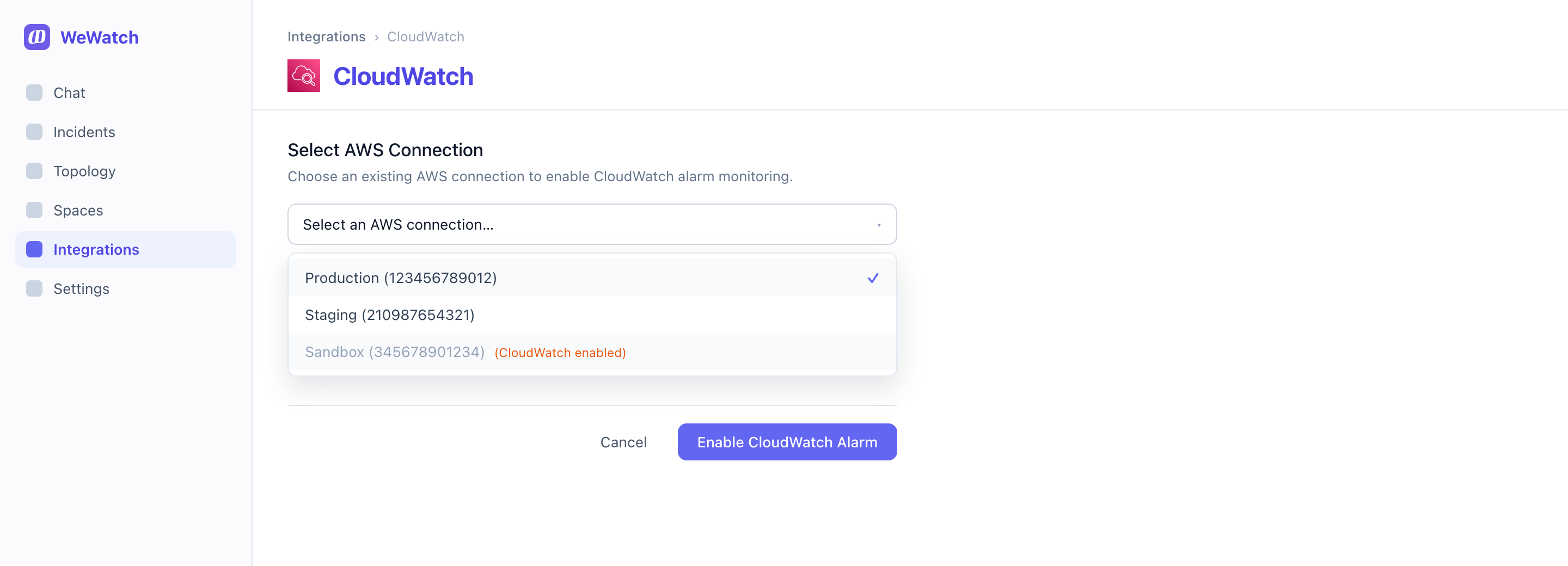 Choosing which connected AWS account to enable CloudWatch alarm monitoring for