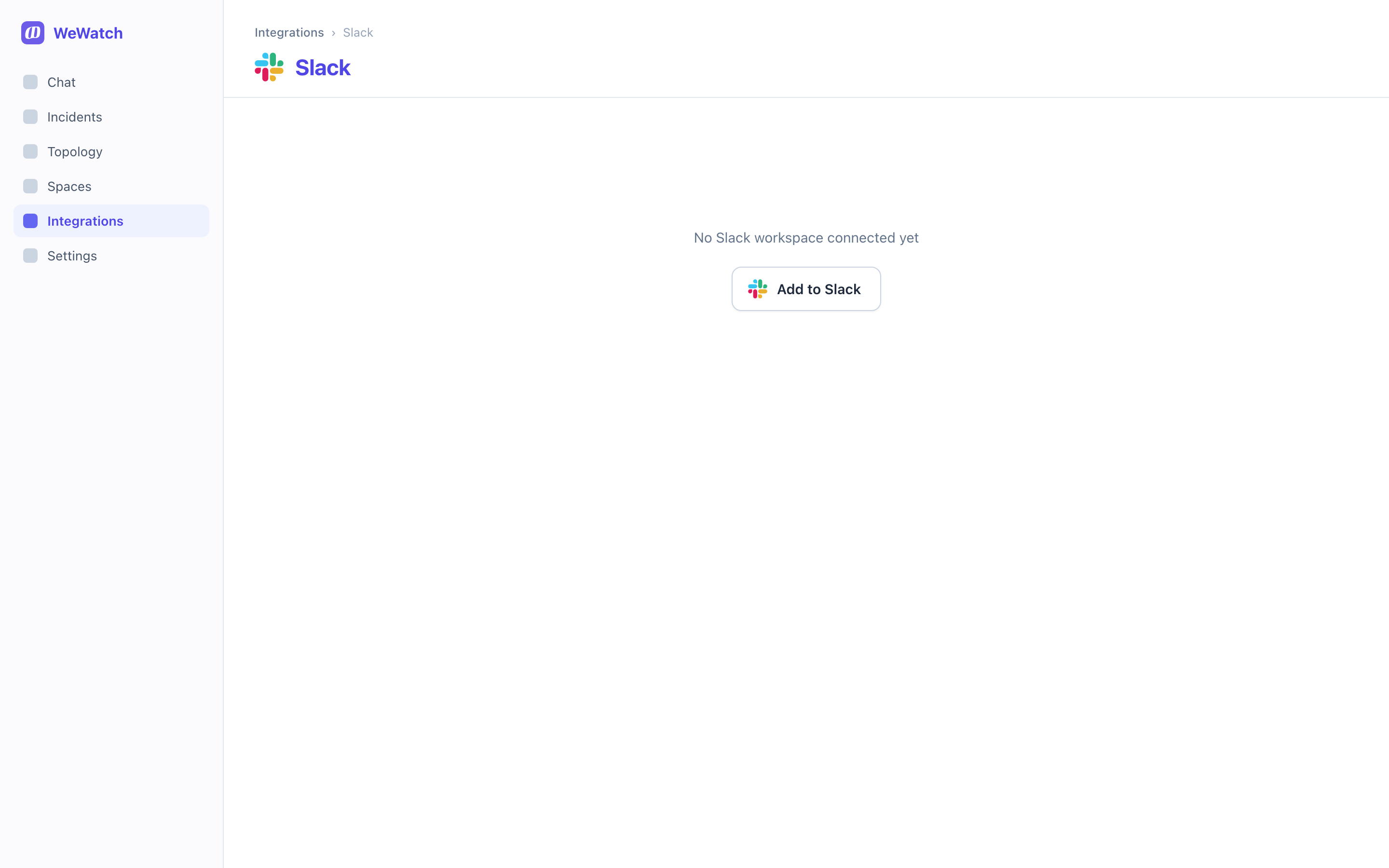 The Slack integration page with no workspace connected, showing an Add to Slack button