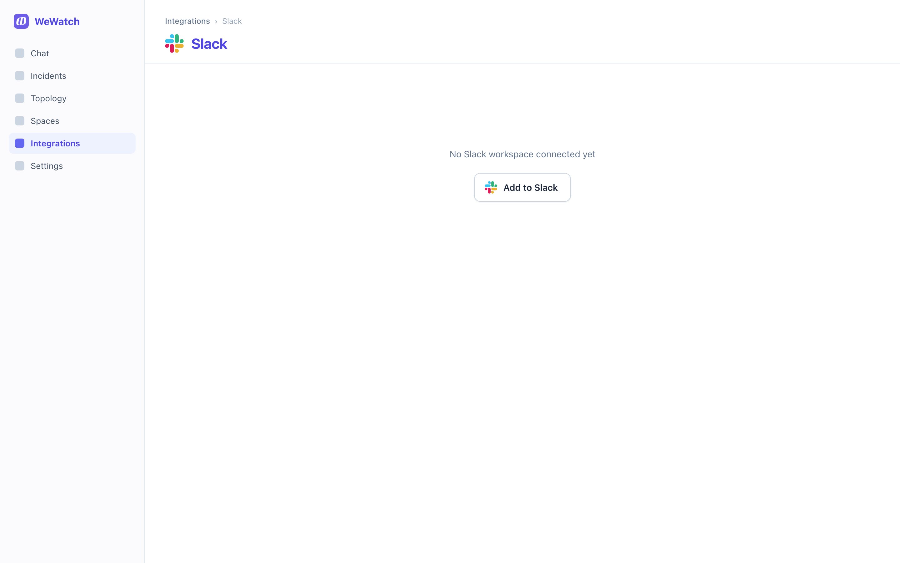 The Slack integration page with no workspace connected, showing an Add to Slack button
