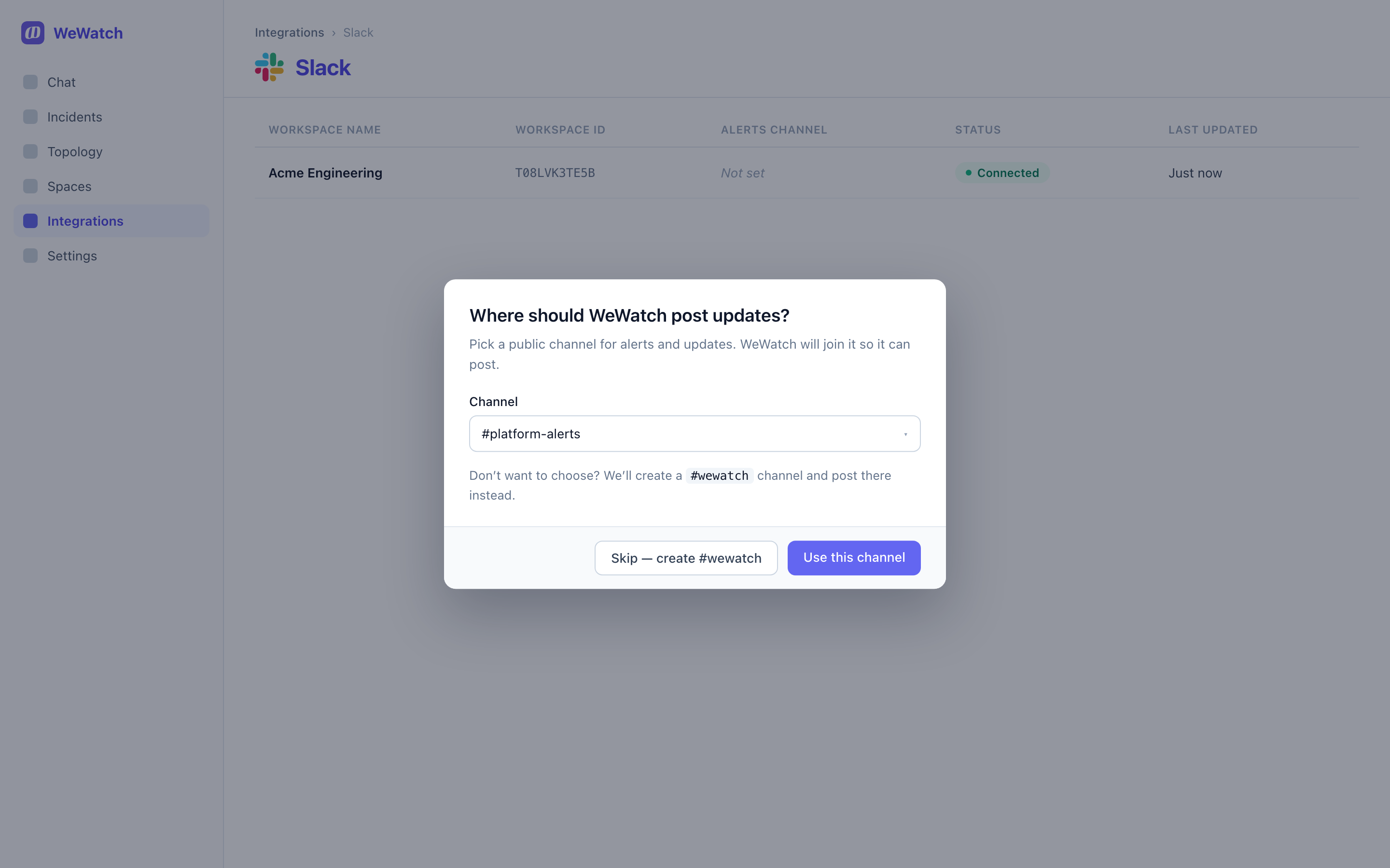 A dialog asking which Slack channel WeWatch should post updates to, with the option to skip and create #wewatch