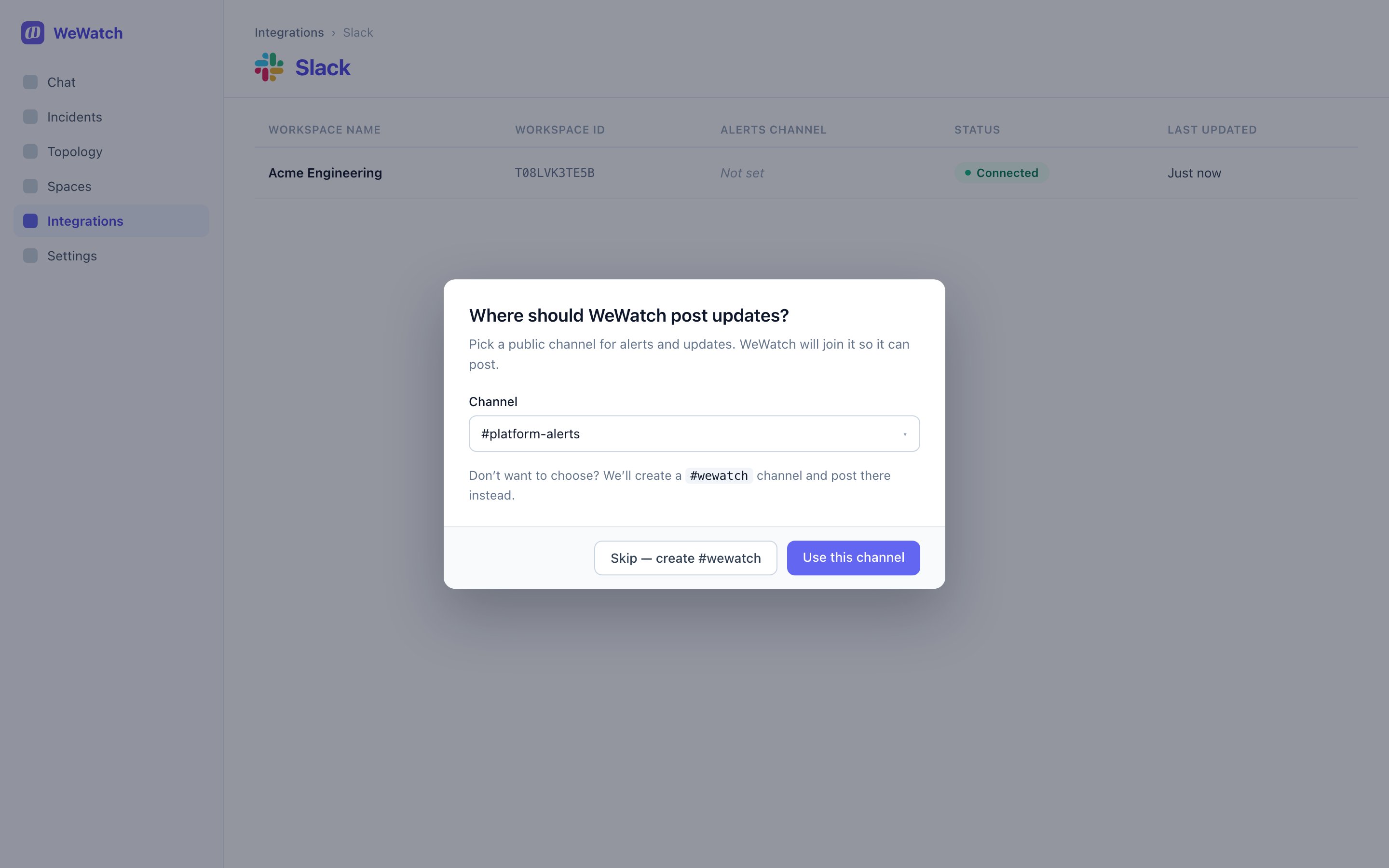 A dialog asking which Slack channel WeWatch should post updates to, with the option to skip and create #wewatch