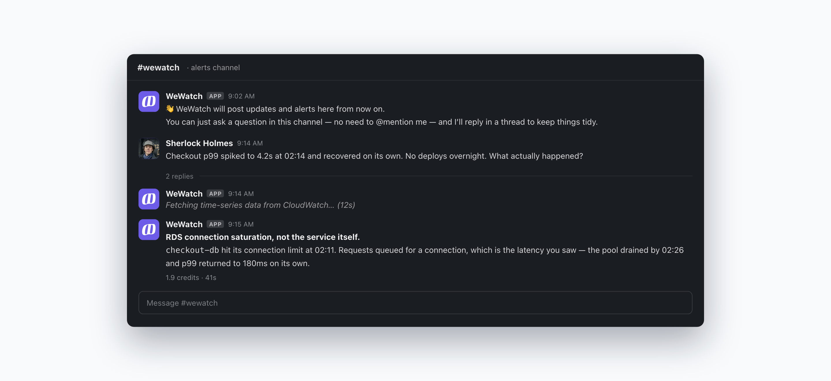 A question asked in the #wewatch channel, with WeWatch showing live progress and then answering in a thread