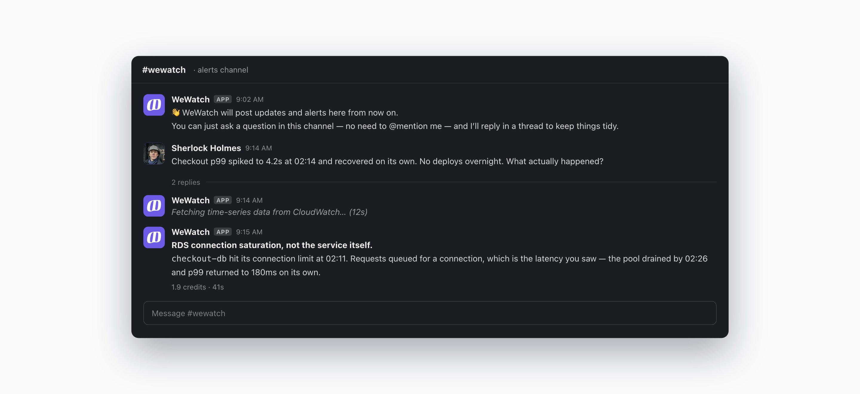 A question asked in the #wewatch channel, with WeWatch showing live progress and then answering in a thread