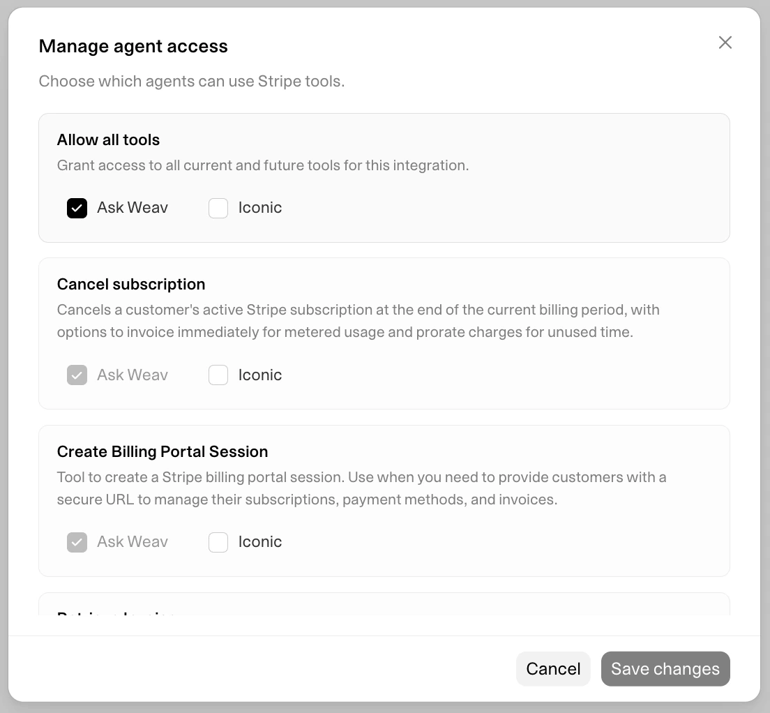 Stripe integration for AI agent tools