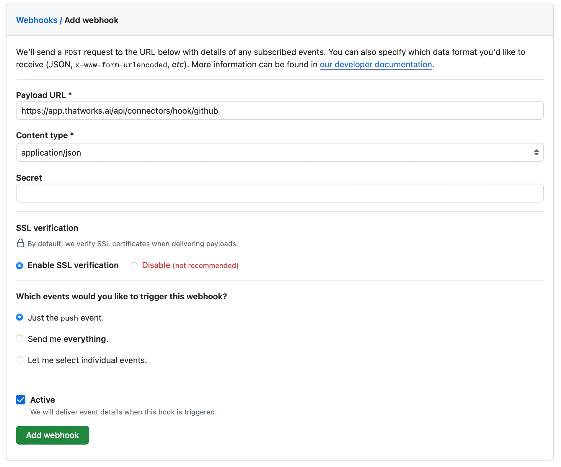 GitHub webhook configuration form with the Weavable payload URL and application/json content type