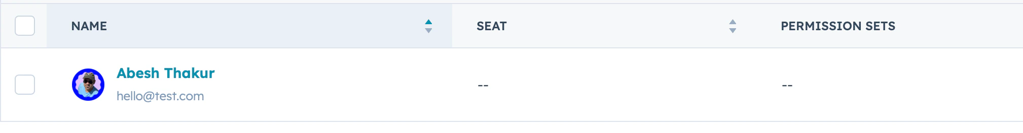 HubSpot Users & Teams page with no permission set assigned to the user (dashes in the Permission Sets column)