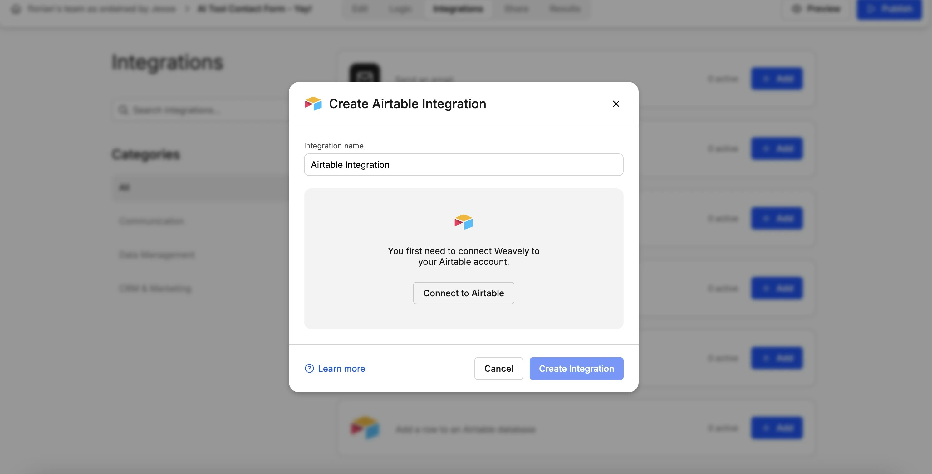 Screenshot showing how to integrate Weavely AI with Airtable
