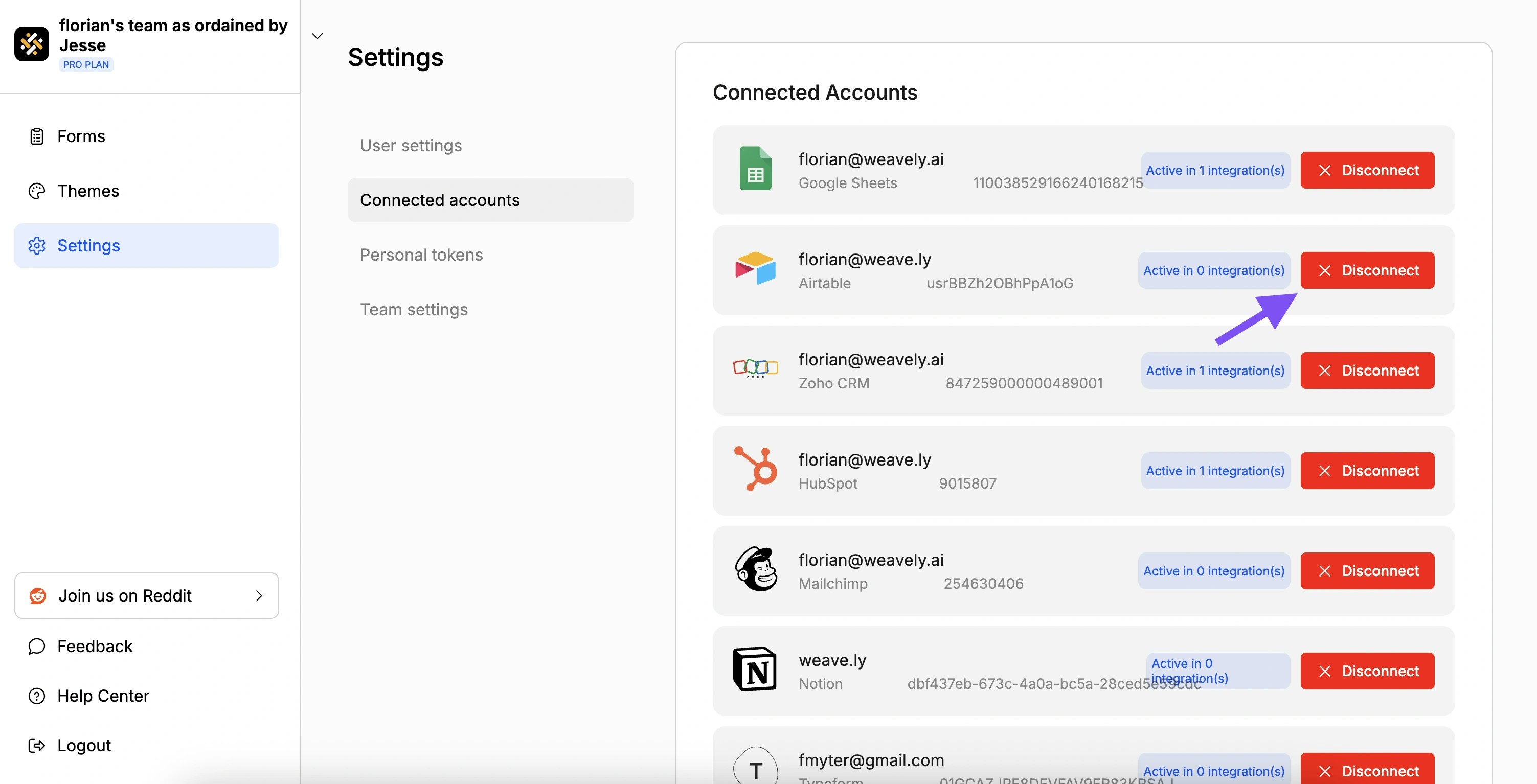 Screenshot showing how to disconnect Airtable from Weavely AI