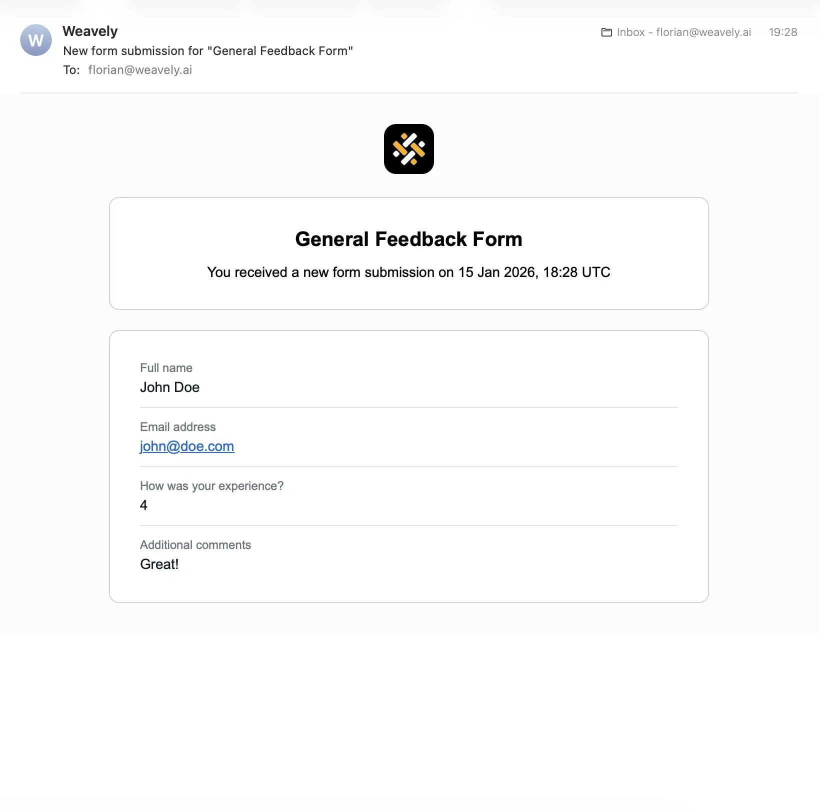 Screenshot of a confirmation email received in Weavely AI.