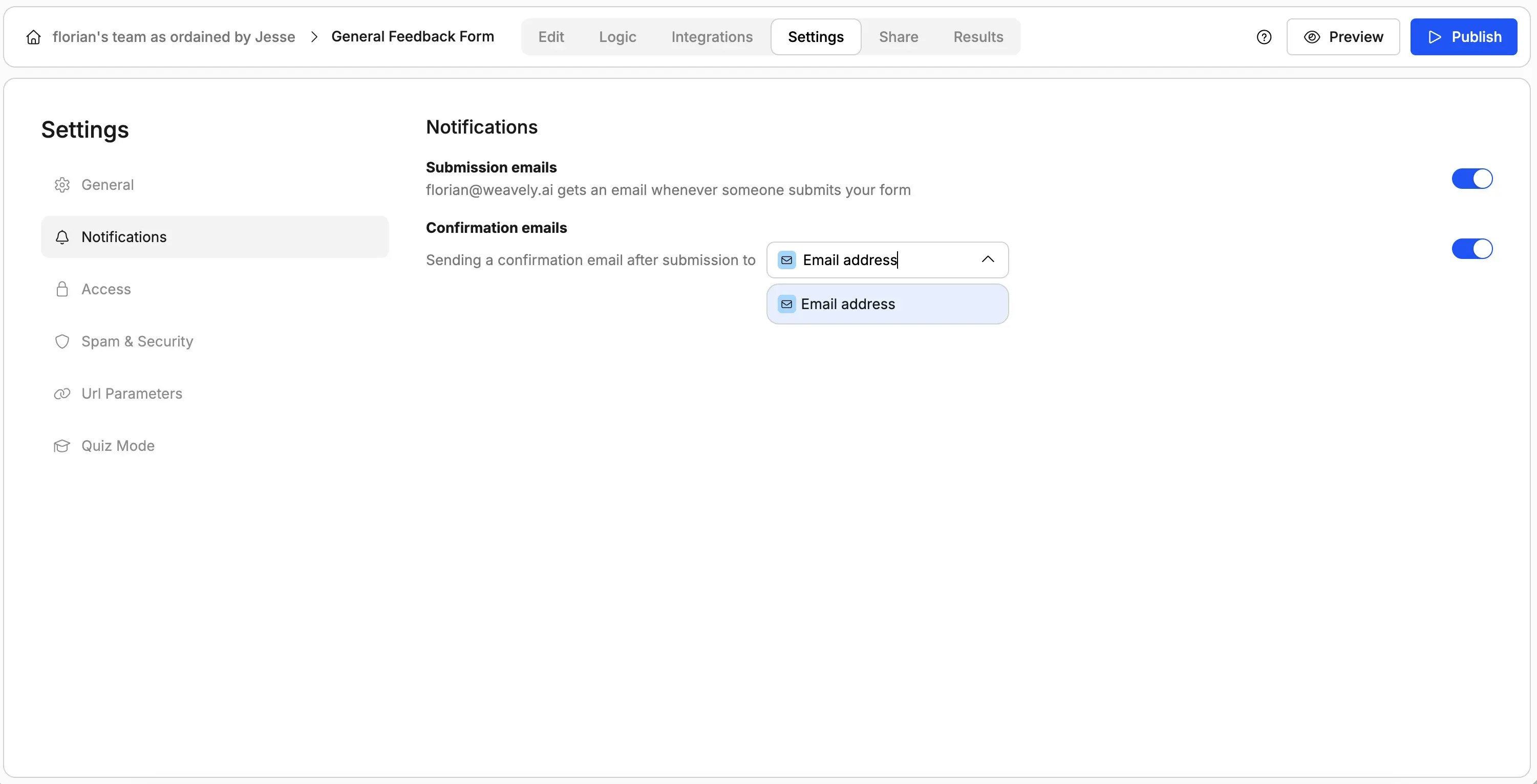 Screenshot showing how to select the recipient of a confirmation email in Weavely AI.