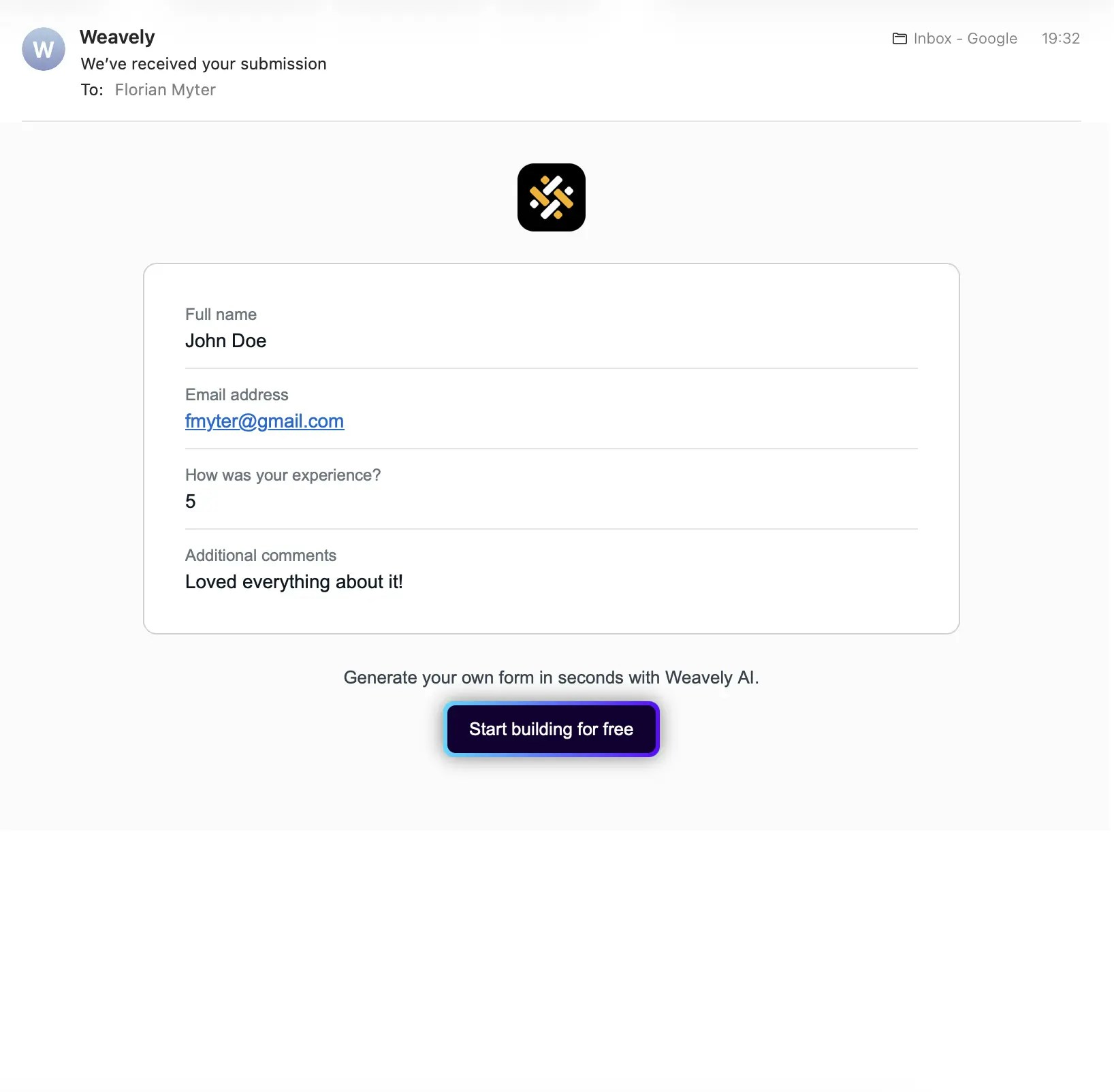 Screenshot showing an example confirmation email in Weavely AI.