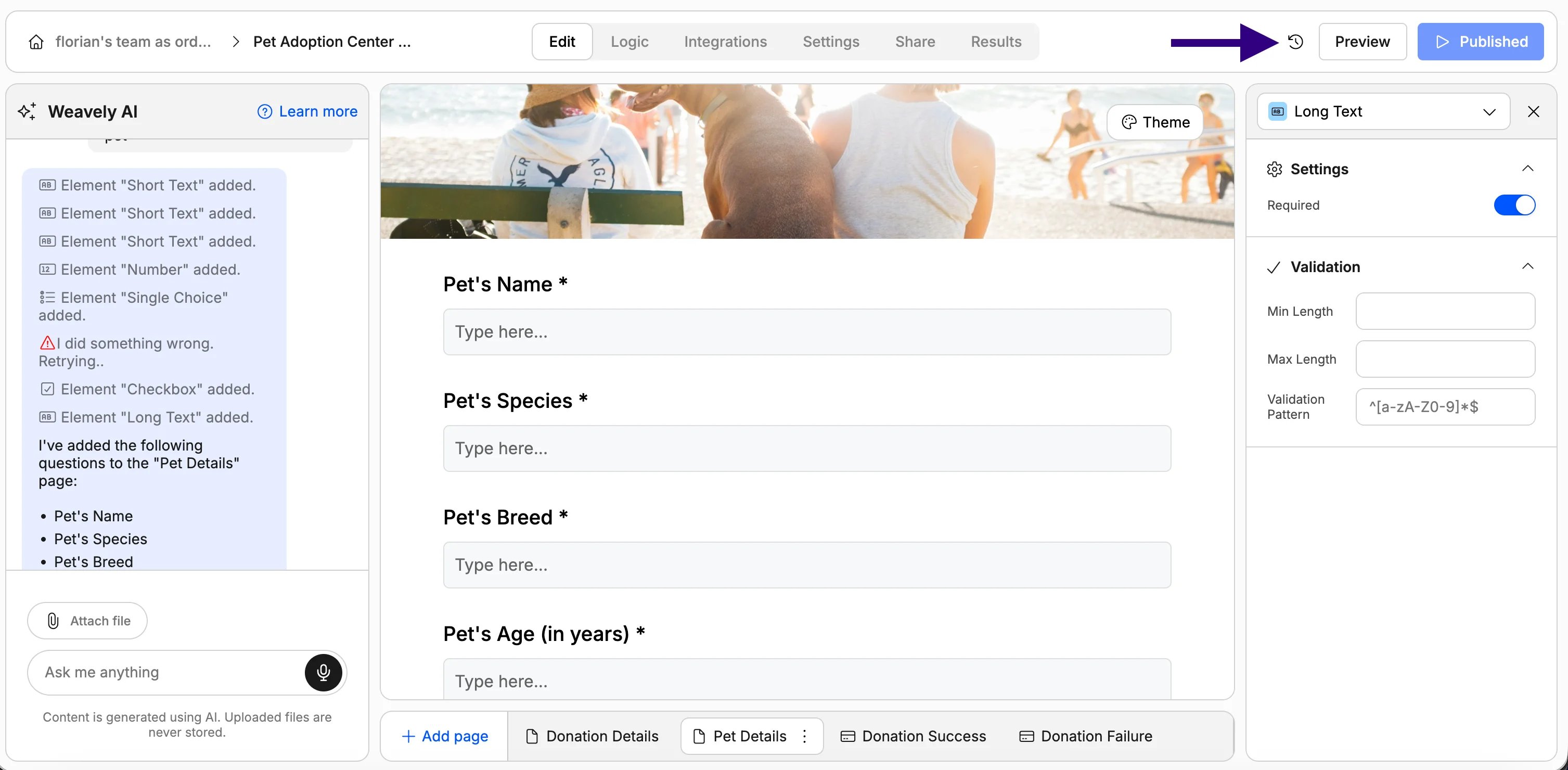 Screenshot showing where to find Weavely AI's version history functionality