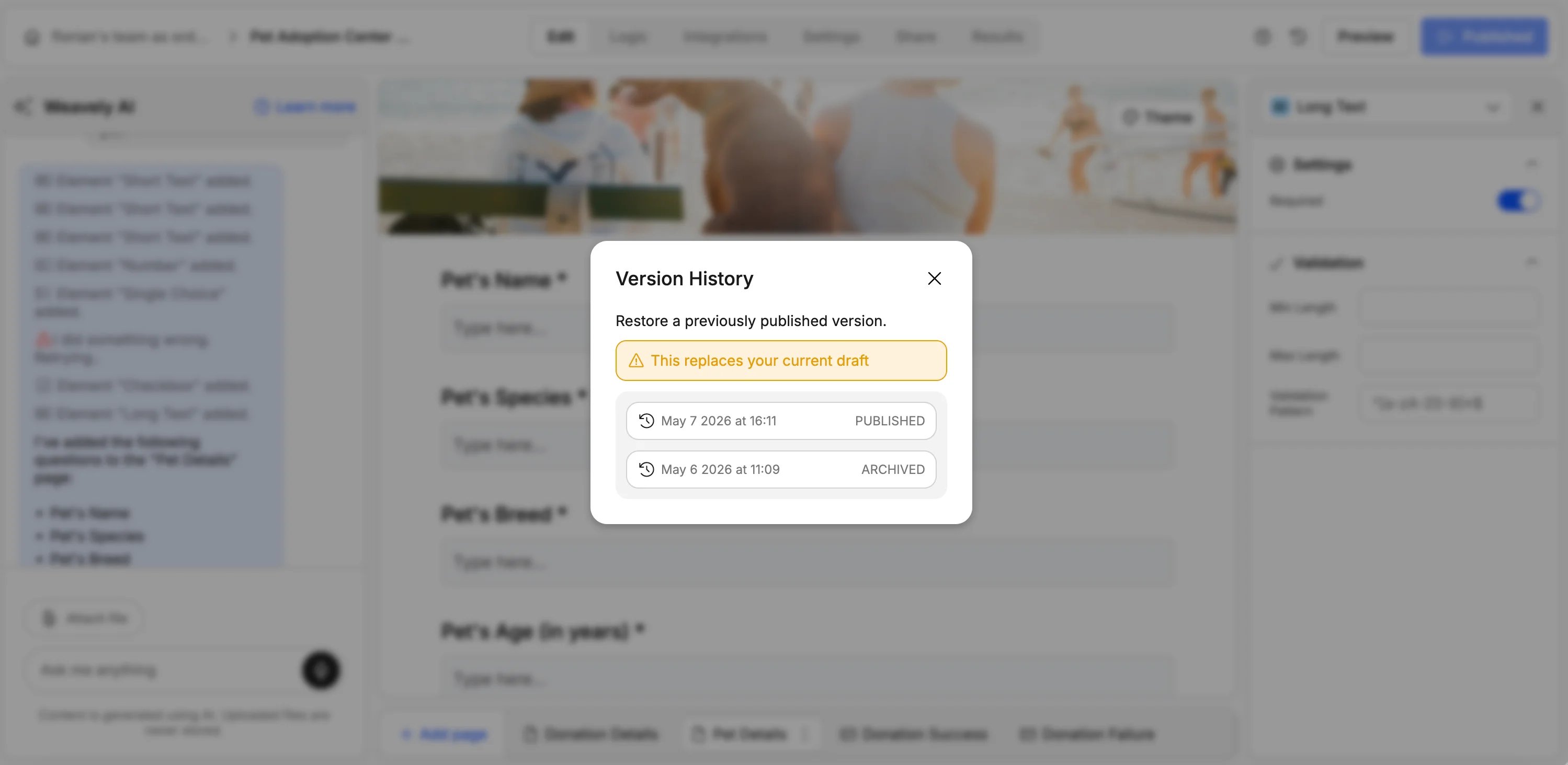 Screenshot showing how to restore a previous form version in Weavely AI
