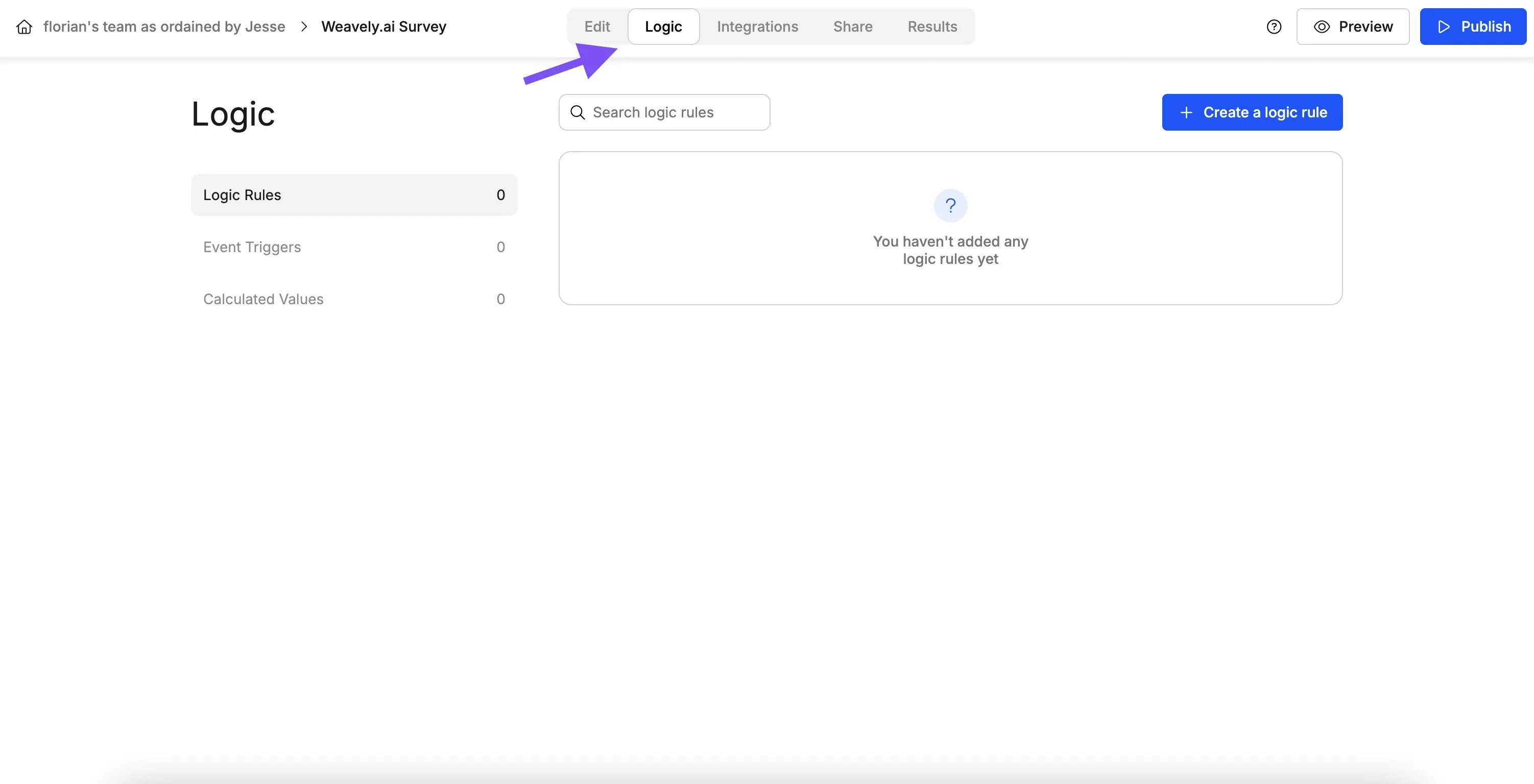 Screenshot showing where to find the logic tab in Weavely AI
