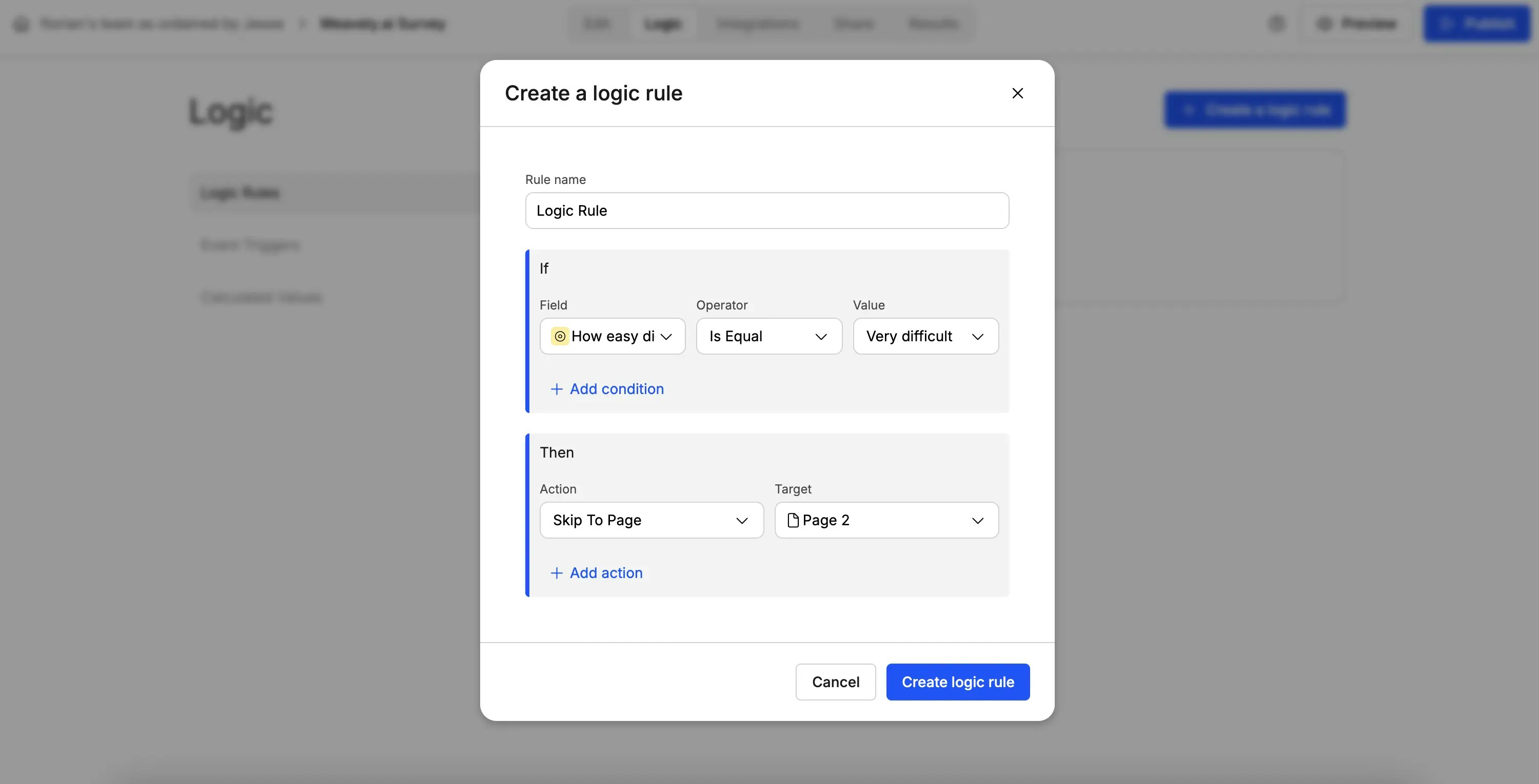 Screenshot showing how to create a logic rule in Weavely AI