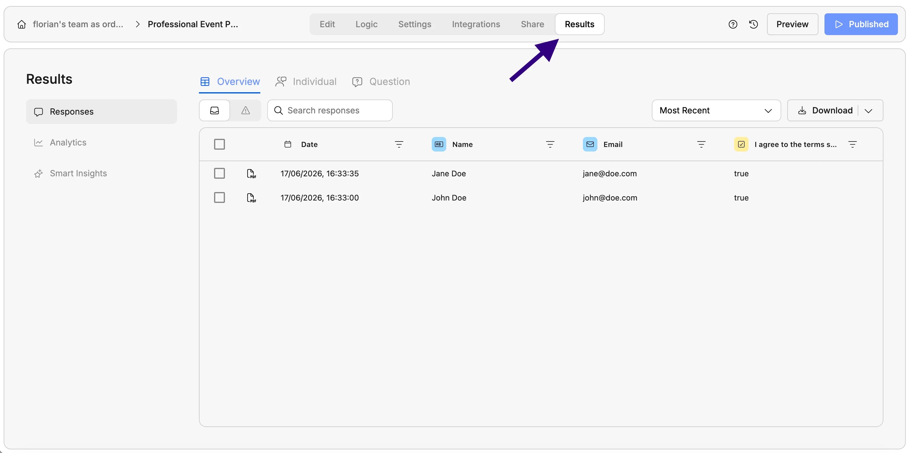Screenshot showing where to find form results in Weavely AI.