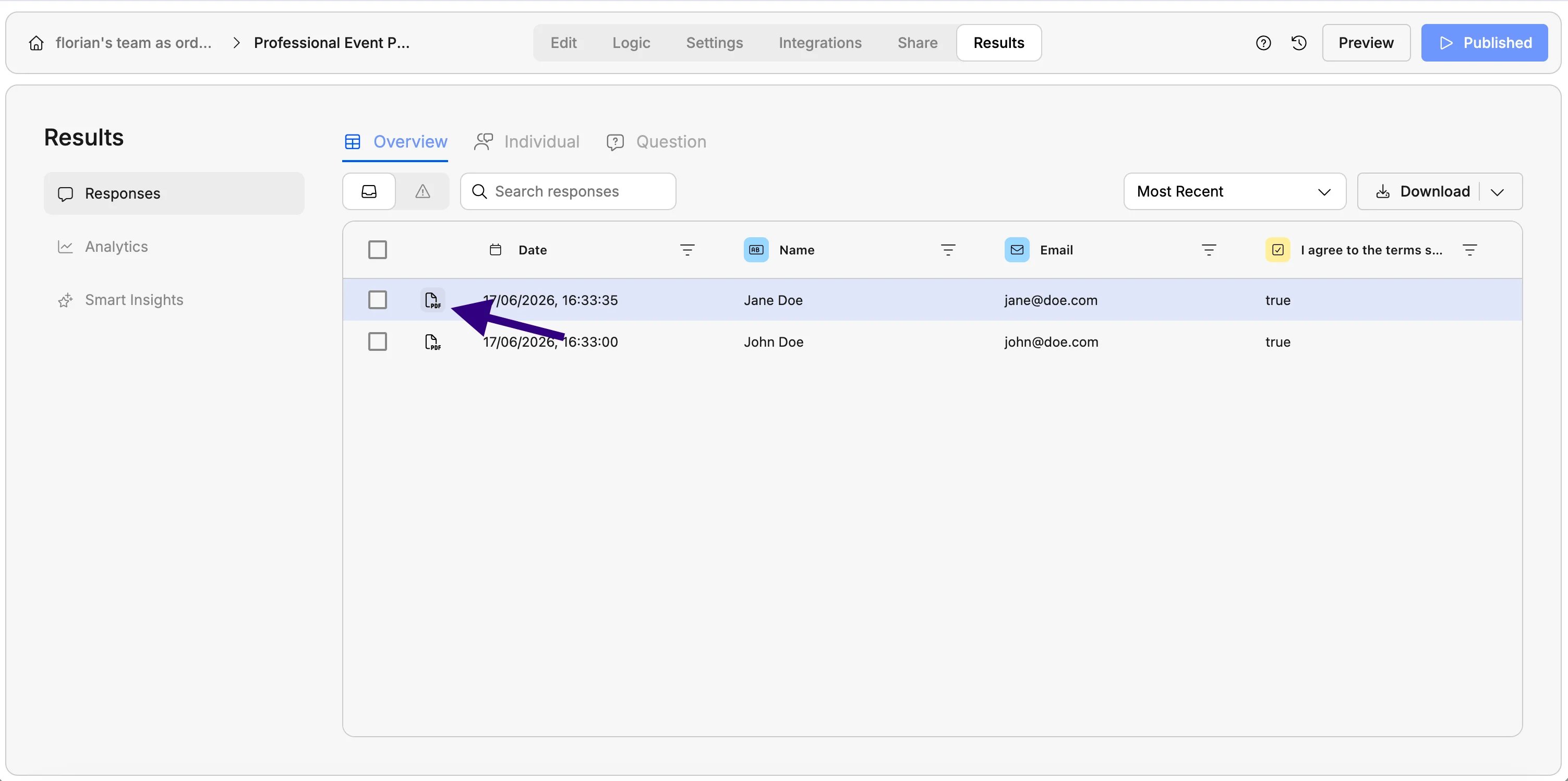 Screenshot showing how to download a form response as a branded PDF in Weavely AI