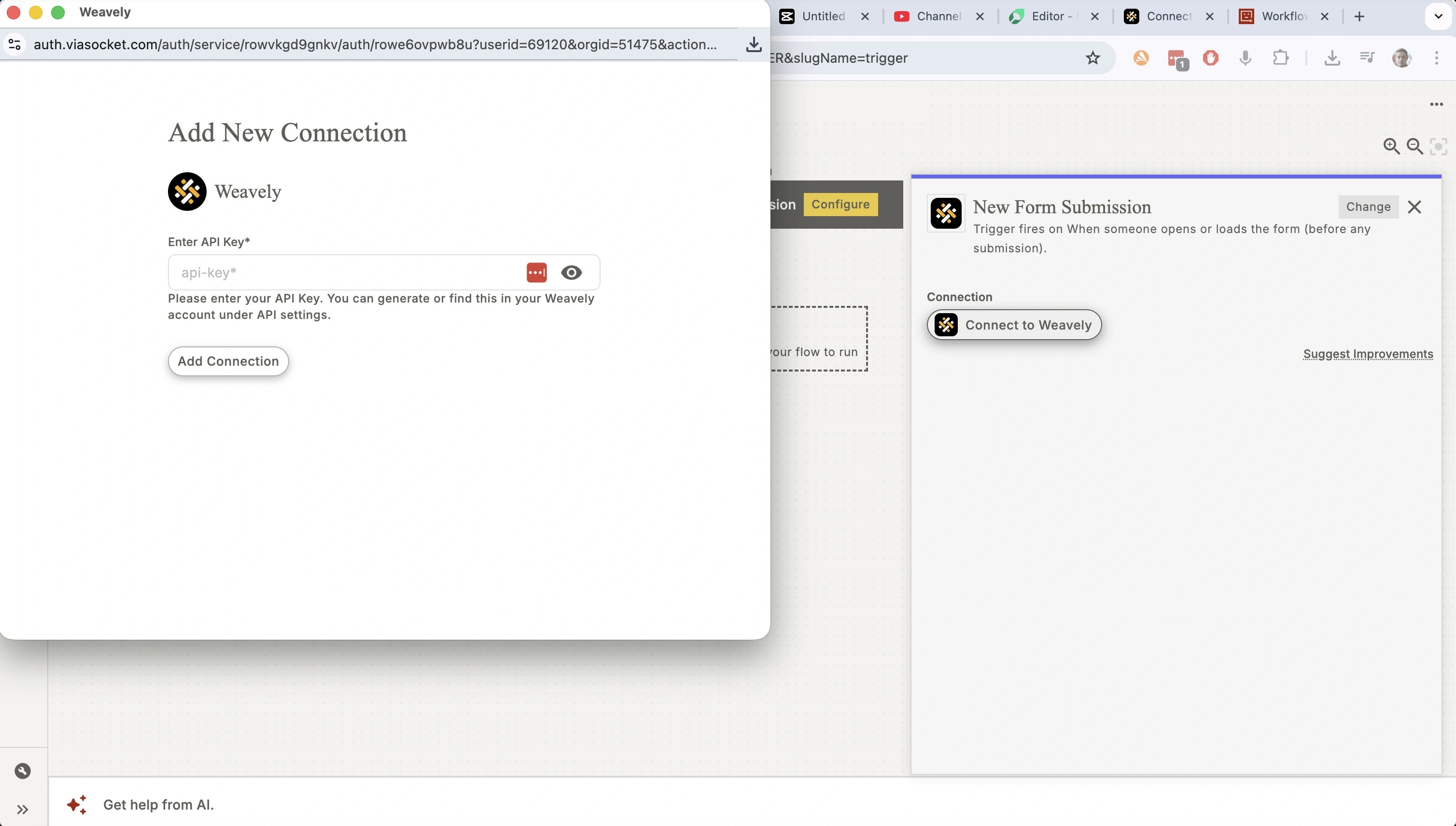Screenshot of connecting Weavely to viaSocket