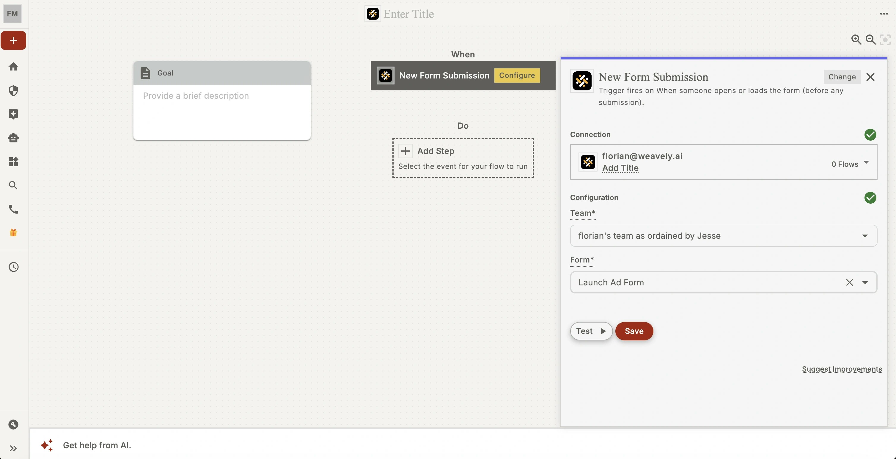 Screenshot showing how to configure a Weavely AI forms trigger in viaSocket