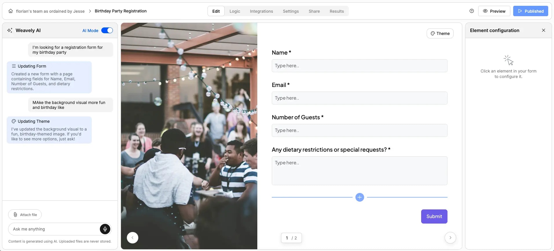Screenshot showing a birthday party registration form generated by Weavely AI