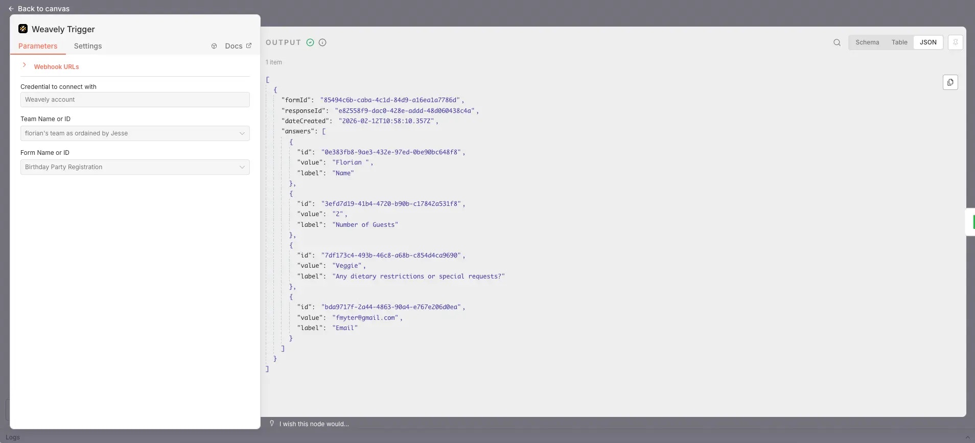 Screenshot showing responses from a Weavely AI form in the n8n trigger