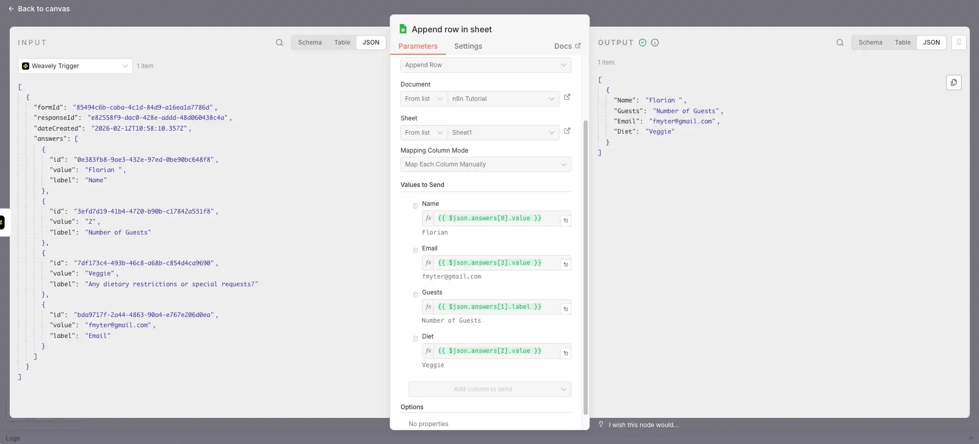 Mapping Weavely AI form responses to Google Sheet columns in n8n