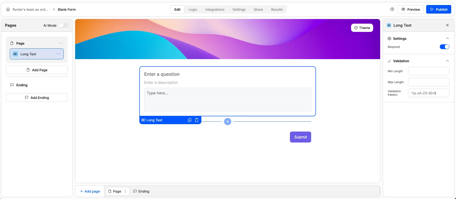 Screenshot of the "Long Text" form element in Weavely AI.
