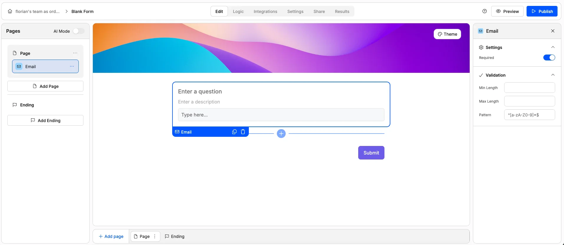 Screenshot of the "Email" form element in Weavely AI.
