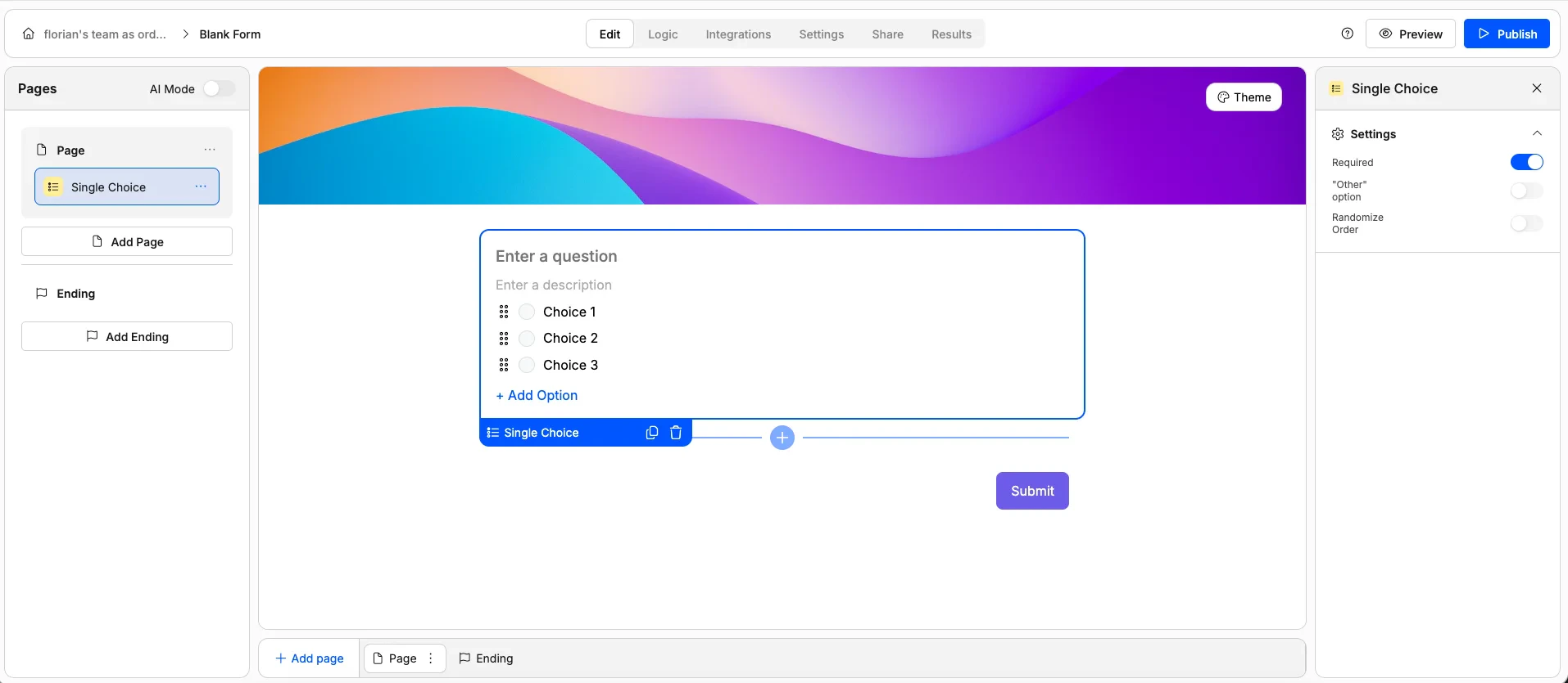 Screenshot of the "Single Choice" form element in Weavely AI.